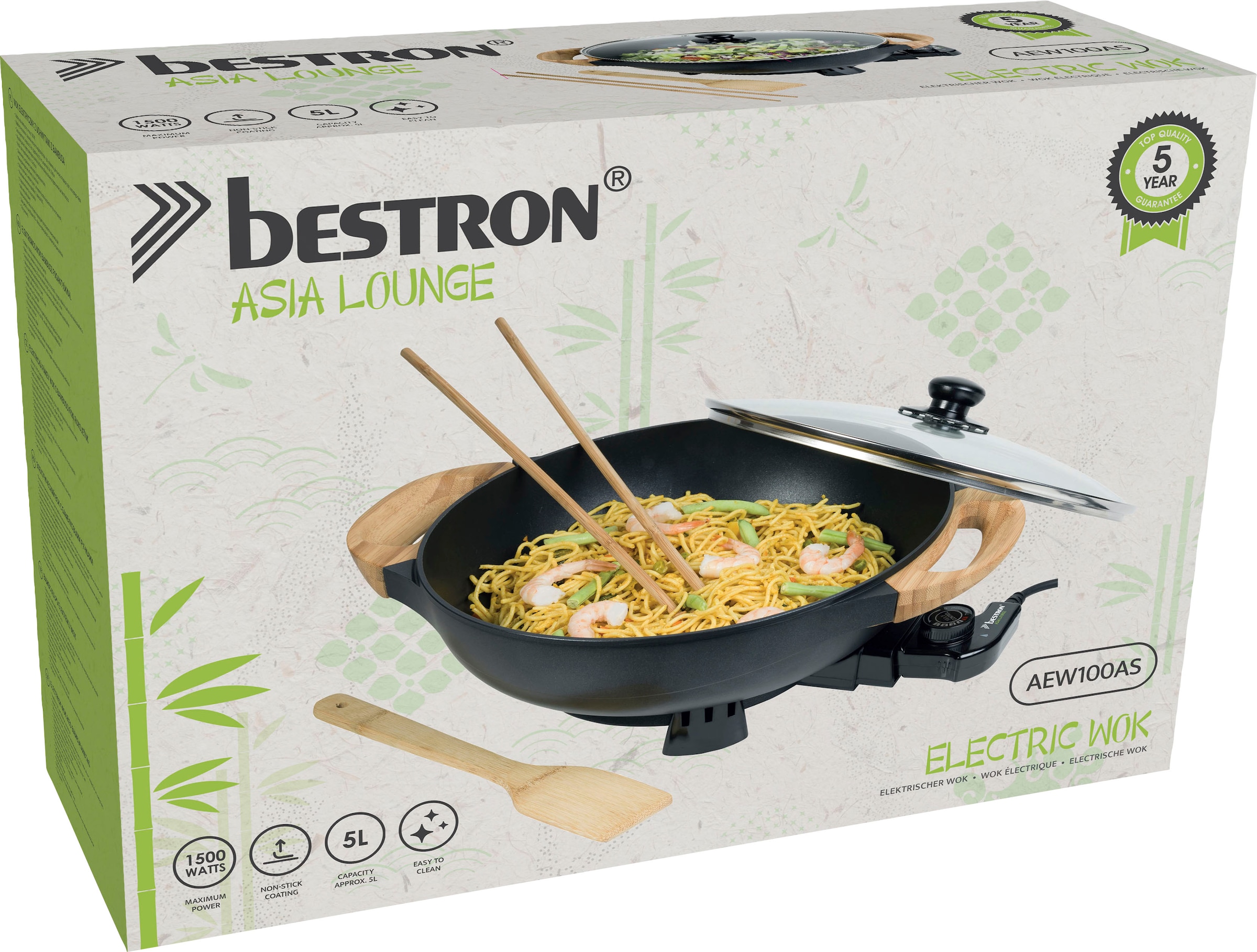 bestron Elektrische Wokpfanne »AEW100AS«, 1500 W, mit Bambusgriffen, Glasdeckel, Inkl. Bambusspatel, 2 Kochstäbchen