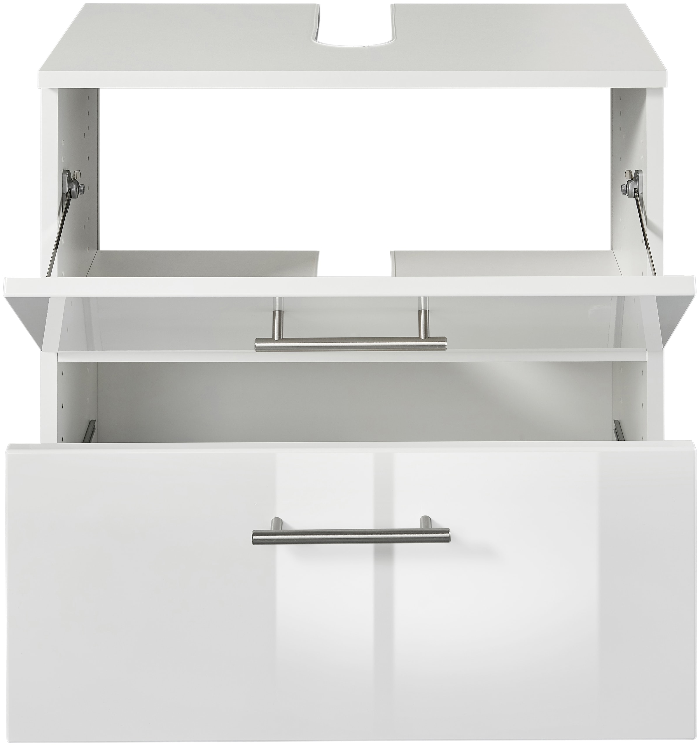 welltime Badmöbel-Set »"Trento", Badezimmer-Set, Hängeschrank, Unterschrank, Hochschrank«, (5 St.), Waschbeckenunterschrank, Spiegelschrank inkl. Aufbauleuchte