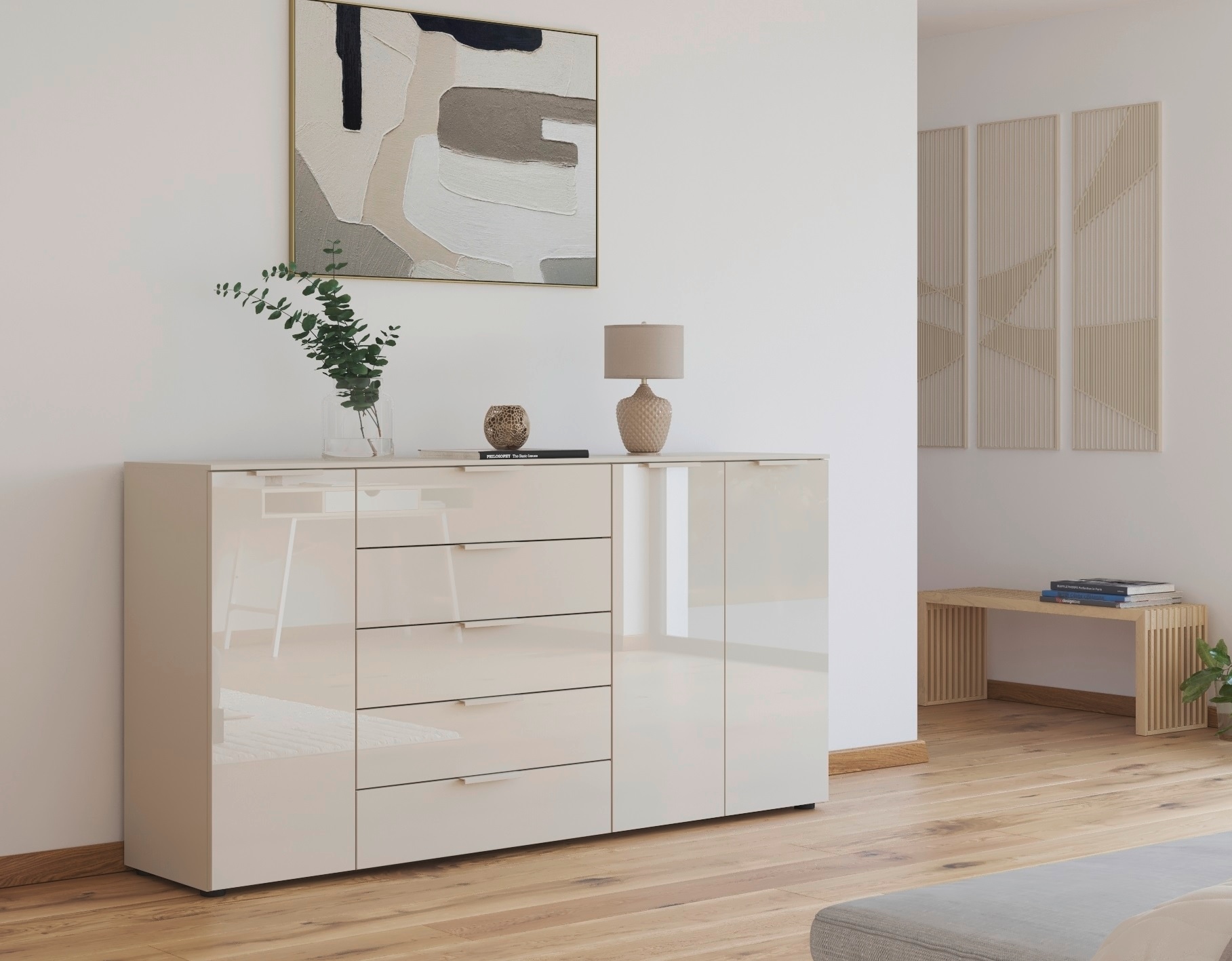 rauch Kombikommode »Kommode Türkommode Sideboard Kombikommode FLIPP mit Glasfront«, (Breite 200 cm mit 4 Einlegeböden), 3-türig mit 5 Schubladen und Soft-Close-Funktion sowie Glasfront