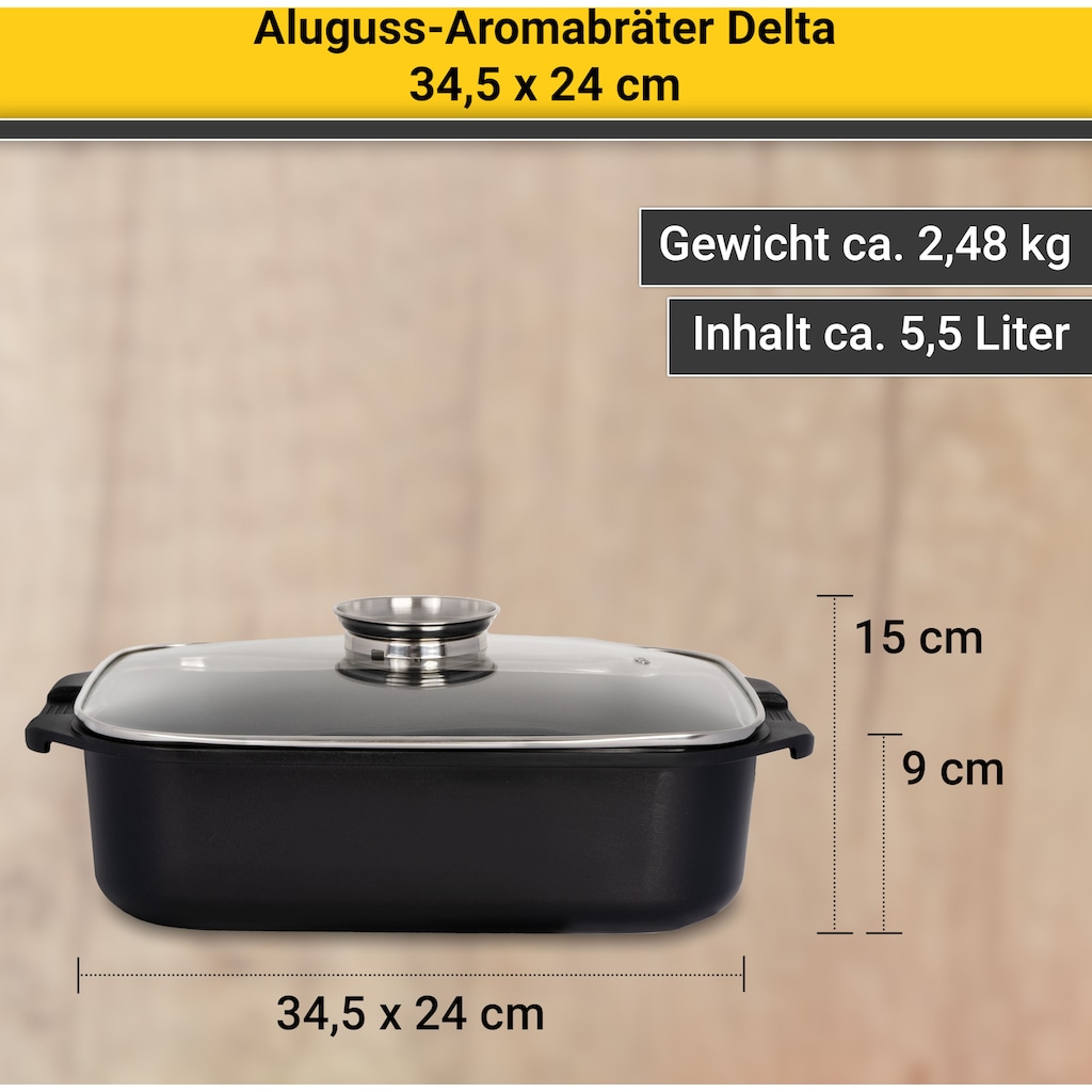 Krüger Bräter »Aluguss Aromabräter mit Glasdeckel und Aromaknopf DELTA, 34,5x24x9 cm«, Aluminiumguss, (1 tlg.)