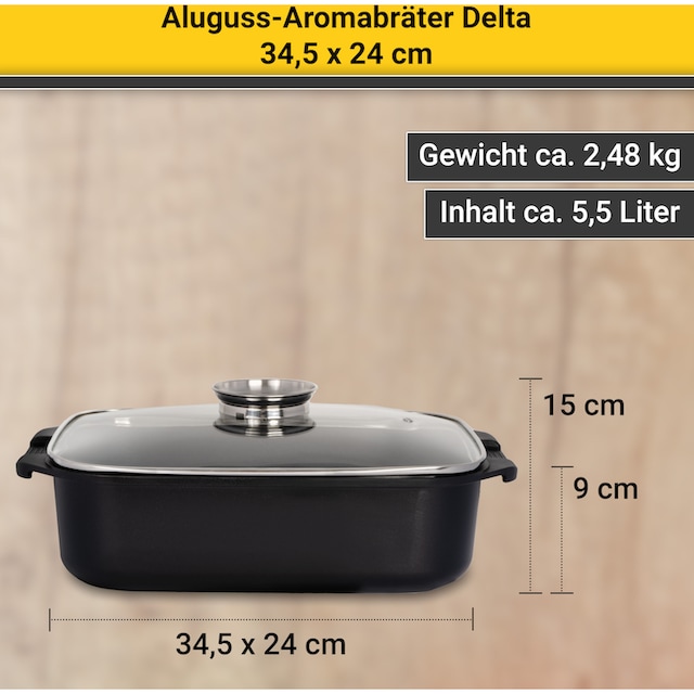 Krüger Bräter »Delta«, Aluminiumguss, (1 tlg.), Glasdeckel mit Aromaknopf,  Induktion mit 3 Jahren XXL Garantie