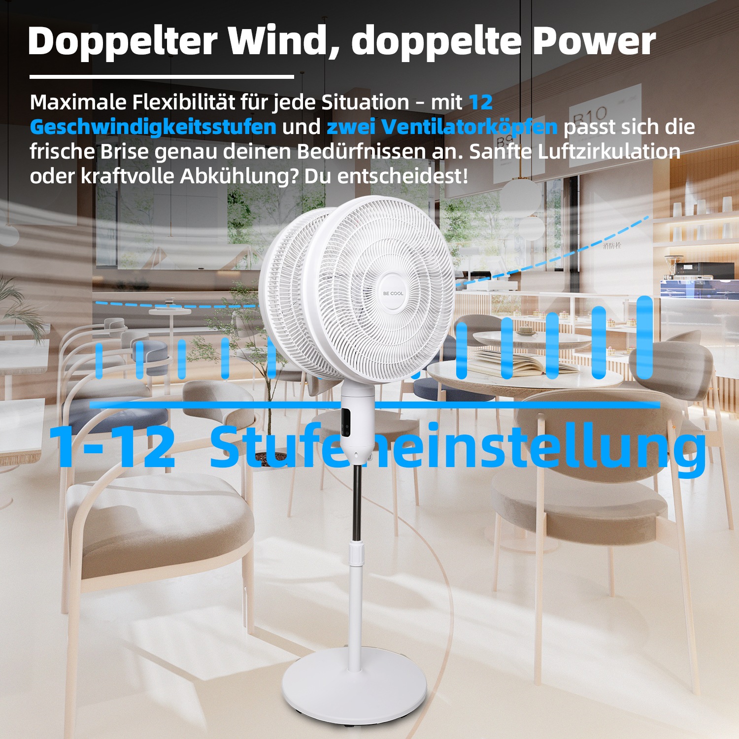 be cool Standventilator »Doppelstandventilator 2x45cm«, zwei Ventilatorenköpfe, 12-stufig, Fernbedienung