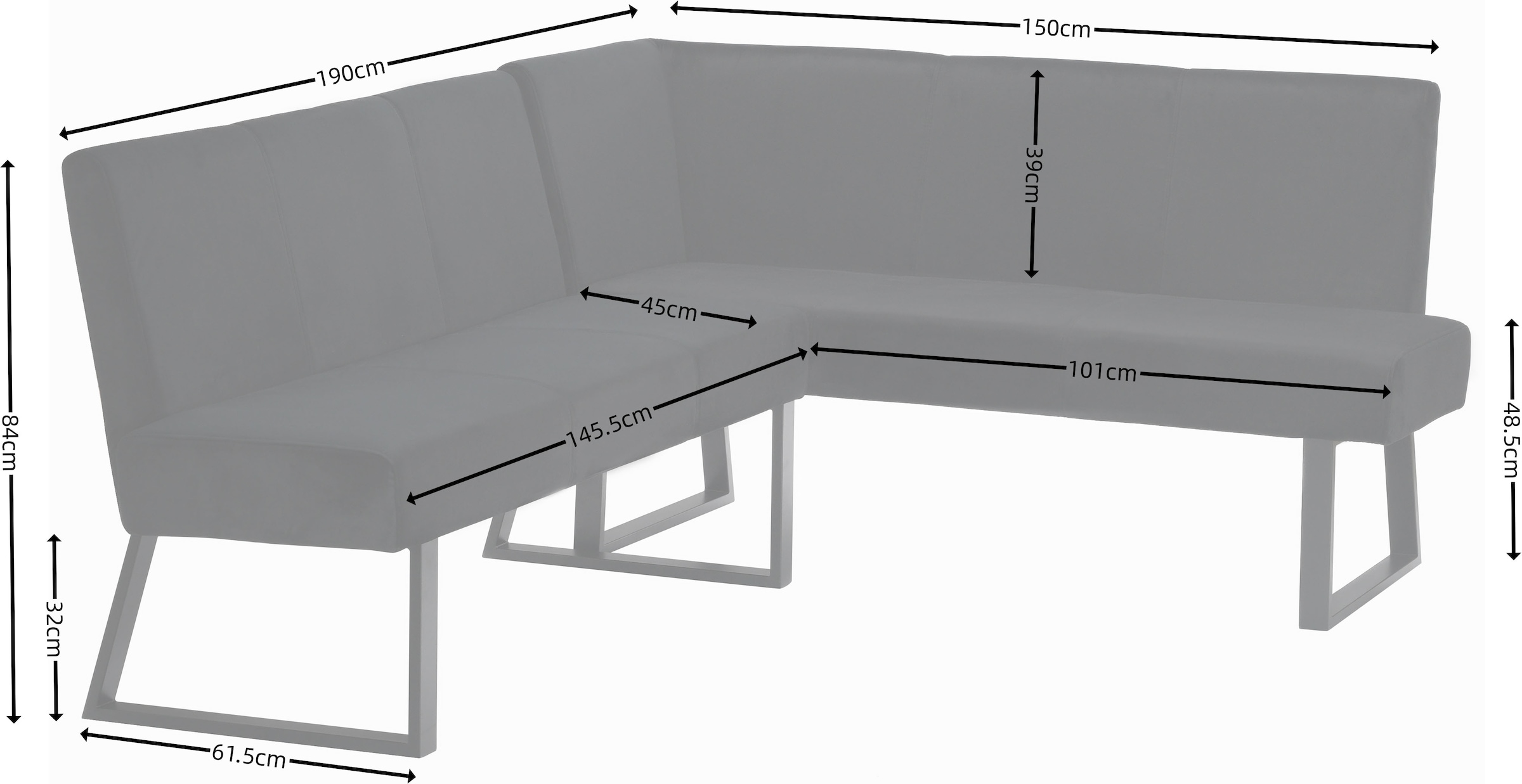 Home affaire Eckbank »Gladiole, TOPSELLER!«, (Sitzbank, Esszimmerbank, Bank), mit Taschenfederkern, schwarzes Metallgestell, Breite 190 cm