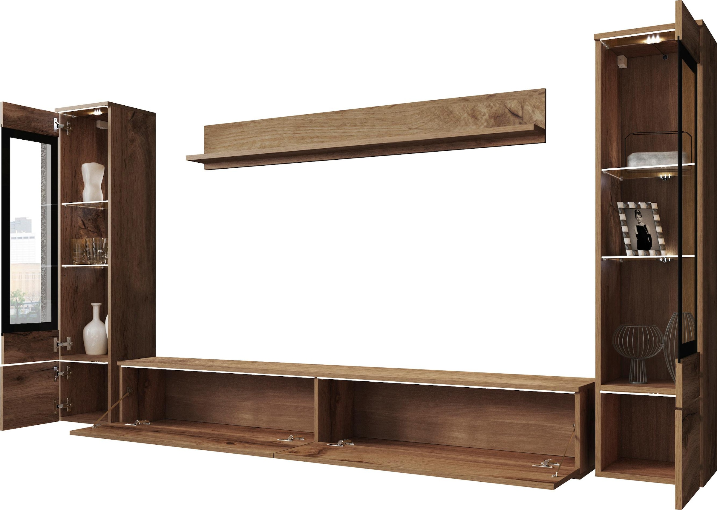 INOSIGN Wohnwand »VERA II, Vitrinen Türanschlag wechselbar«, (Komplett-Set, 4 St.), Mediawand 260 cm, Vitrine mit Verglasung, stehend und hängend
