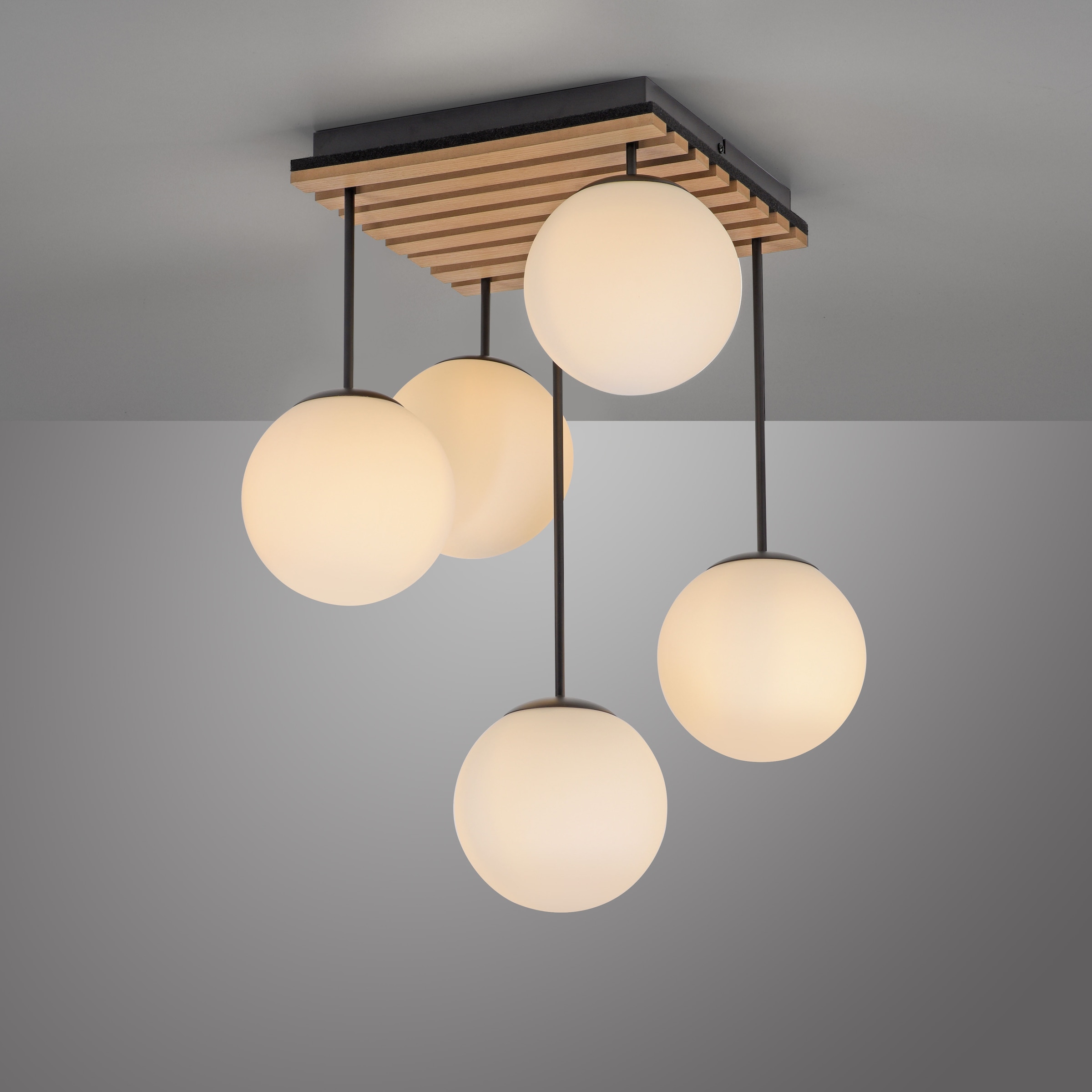 Leonique Deckenleuchte »Erinette Akustikpaneele mit Glaskugeln«, 5 flammig, Leuchtmittel E14 | ohne Leuchtmittel-Leuchtmittel wechselbar, Holz, Akustik, Paneele, Glas, Deckenlampe E14