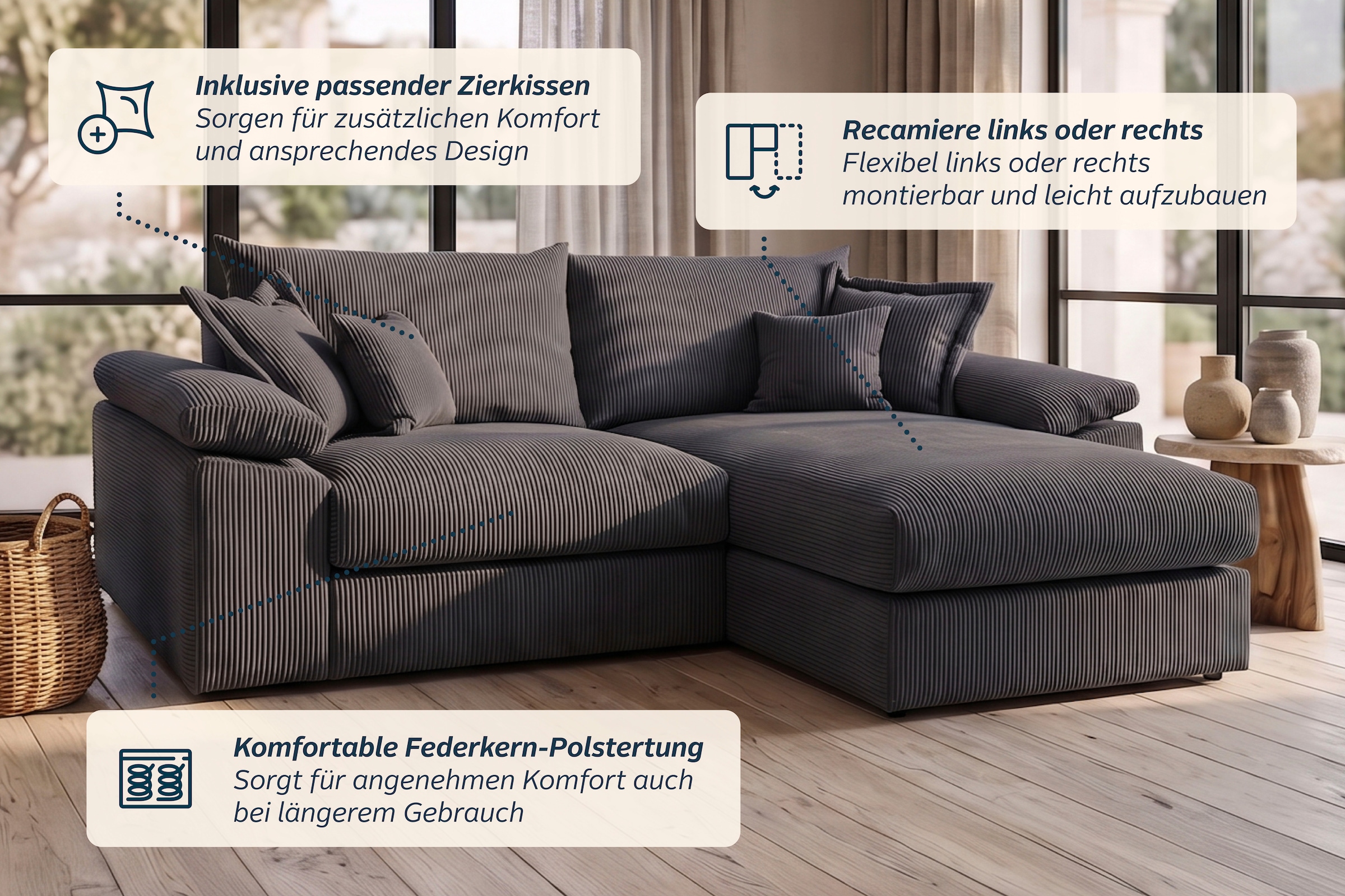 OTTO home Ecksofa »Soft&Cosy XL L-Form, B: 246 cm - OTTO. Verlässliche Qualität.« Mega-Sofa, Cord oder Chenille-Struktur, mit Federkern & 4 Zierkissen