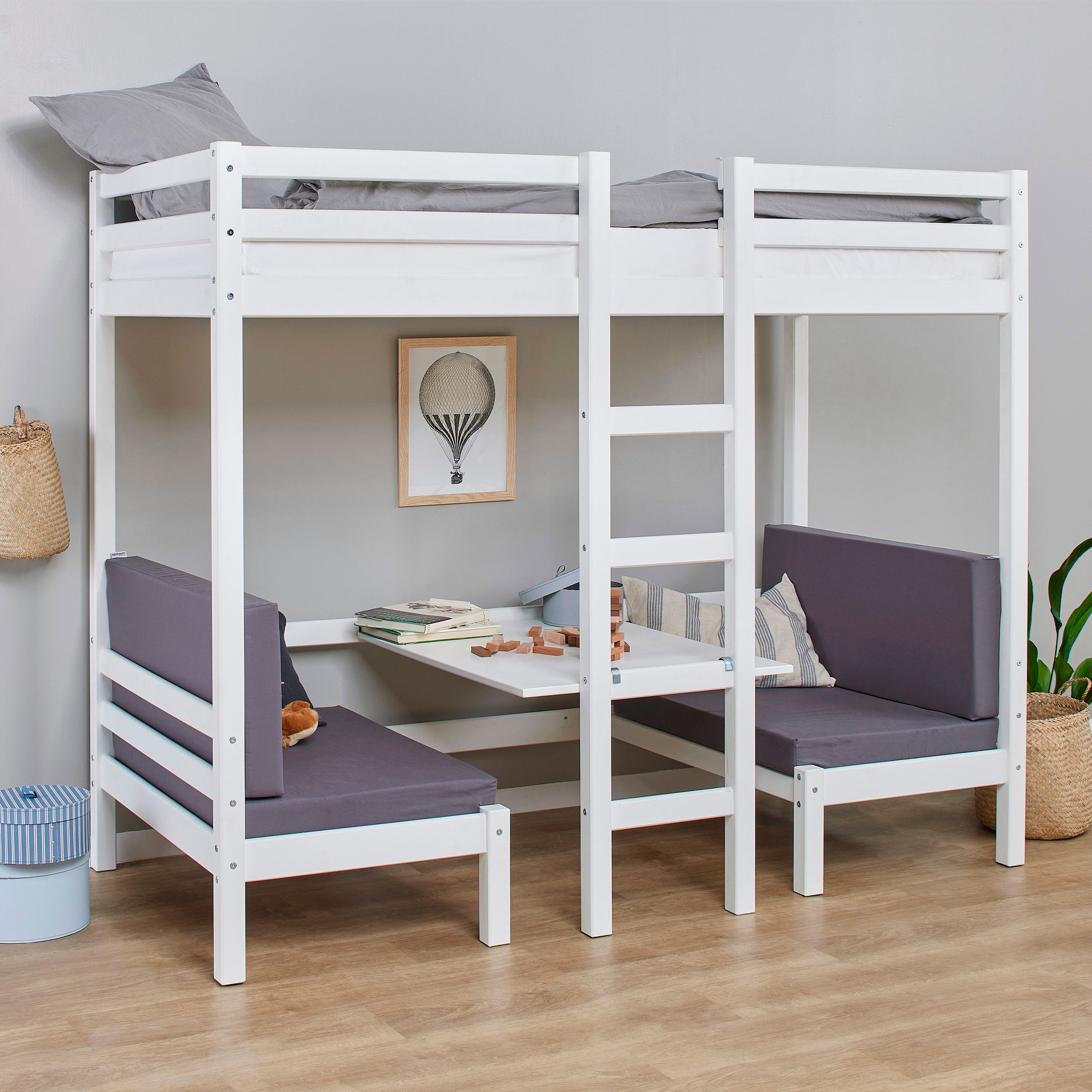 Hoppekids Hochbett »ECO Dream JUMBO Kinderbett mit Funktion - Praktisch & flexibel, 90x200« Unteres Bett nutzbar als Bett oder Sitzgruppe. Matratzen in Antrazit.