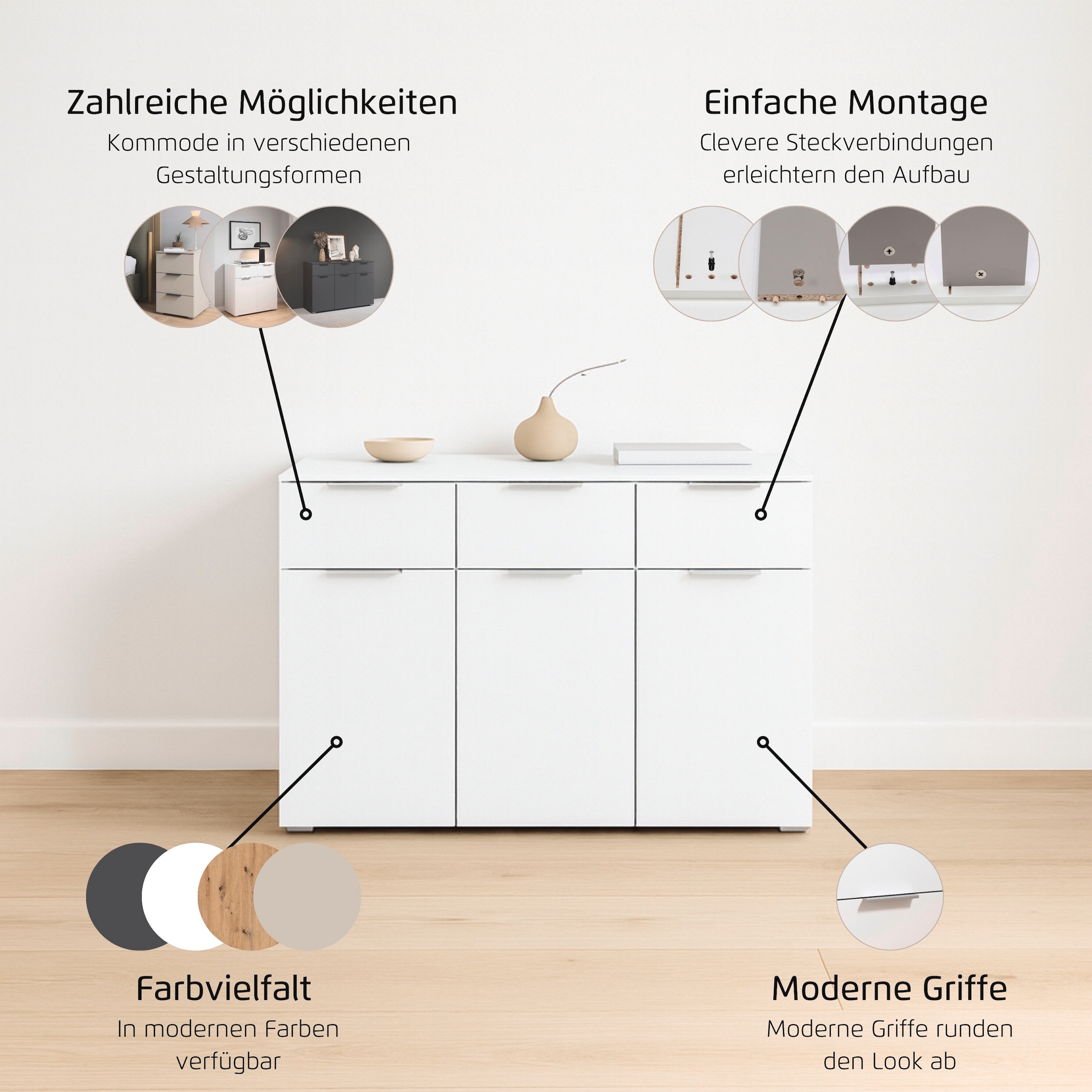 rauch Kombikommode »Sideboard Schubladenkommode CORTONA mit Dekor-Front« Breite 120 cm inkl. Soft-Close-Funktion,  mit 3 Schubladen und 3 verstellbaren Einlegeboden MADE IN GERMANY