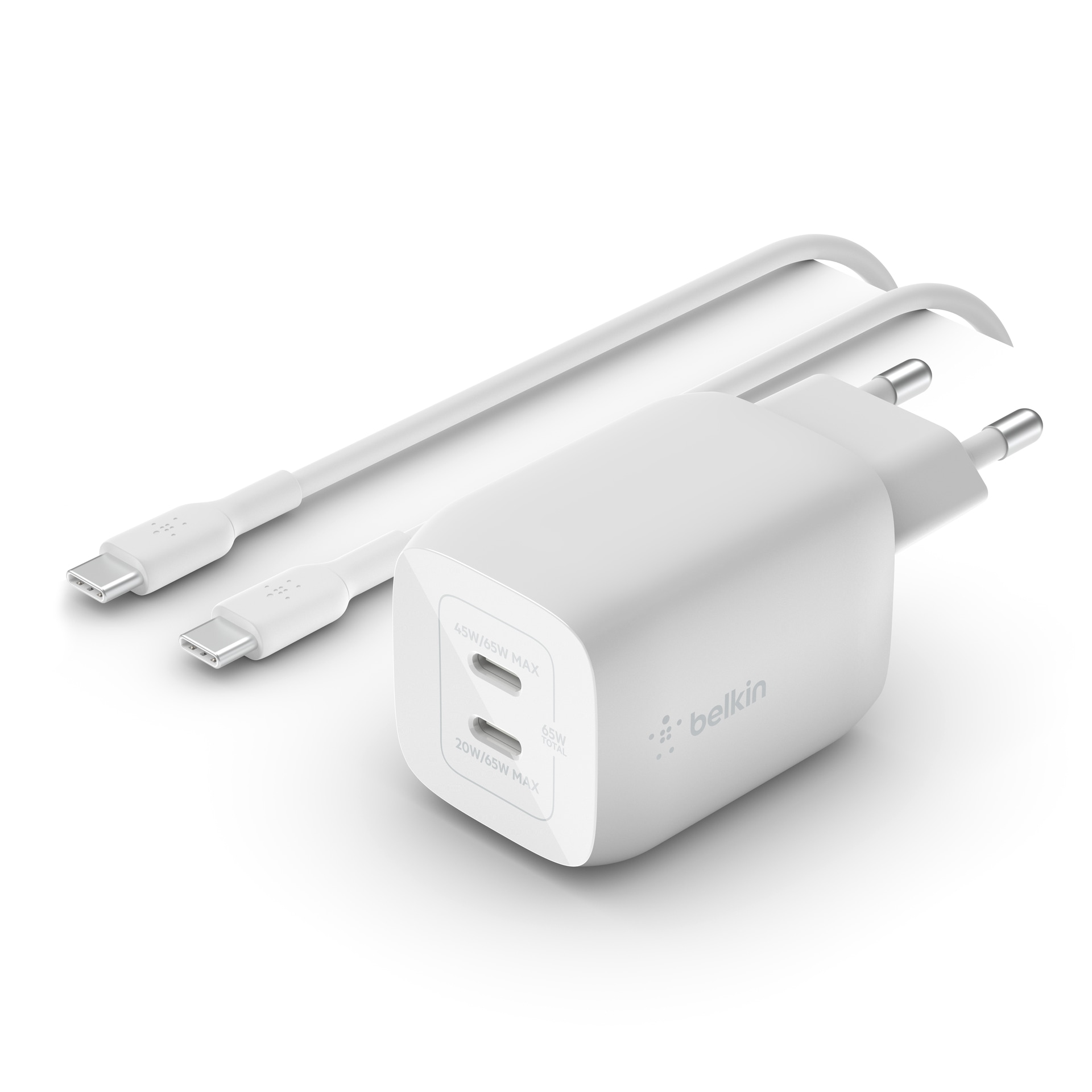 Belkin USB-Ladegerät »65W Dual USB-C GaN Ladegerät mit PD und PPS + 2m Kabel«, für Apple iPhone Samsung Galaxy Google Pixel