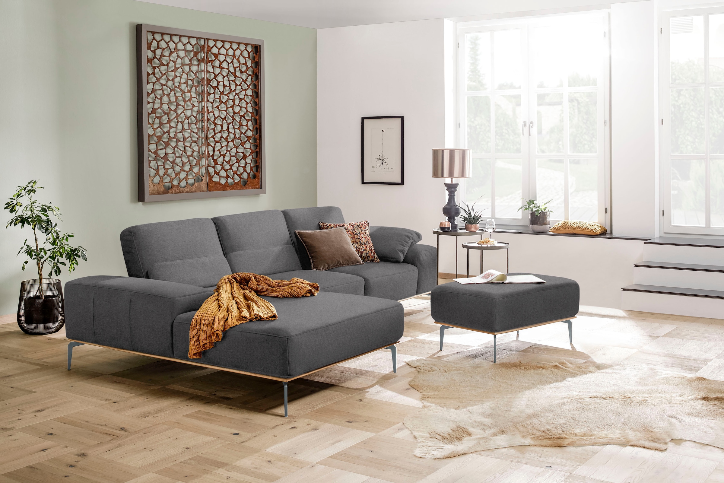 W.SCHILLIG Polsterhocker »run« mit elegantem Holzsockel, Füße in Silber matt, Breite 75 cm
