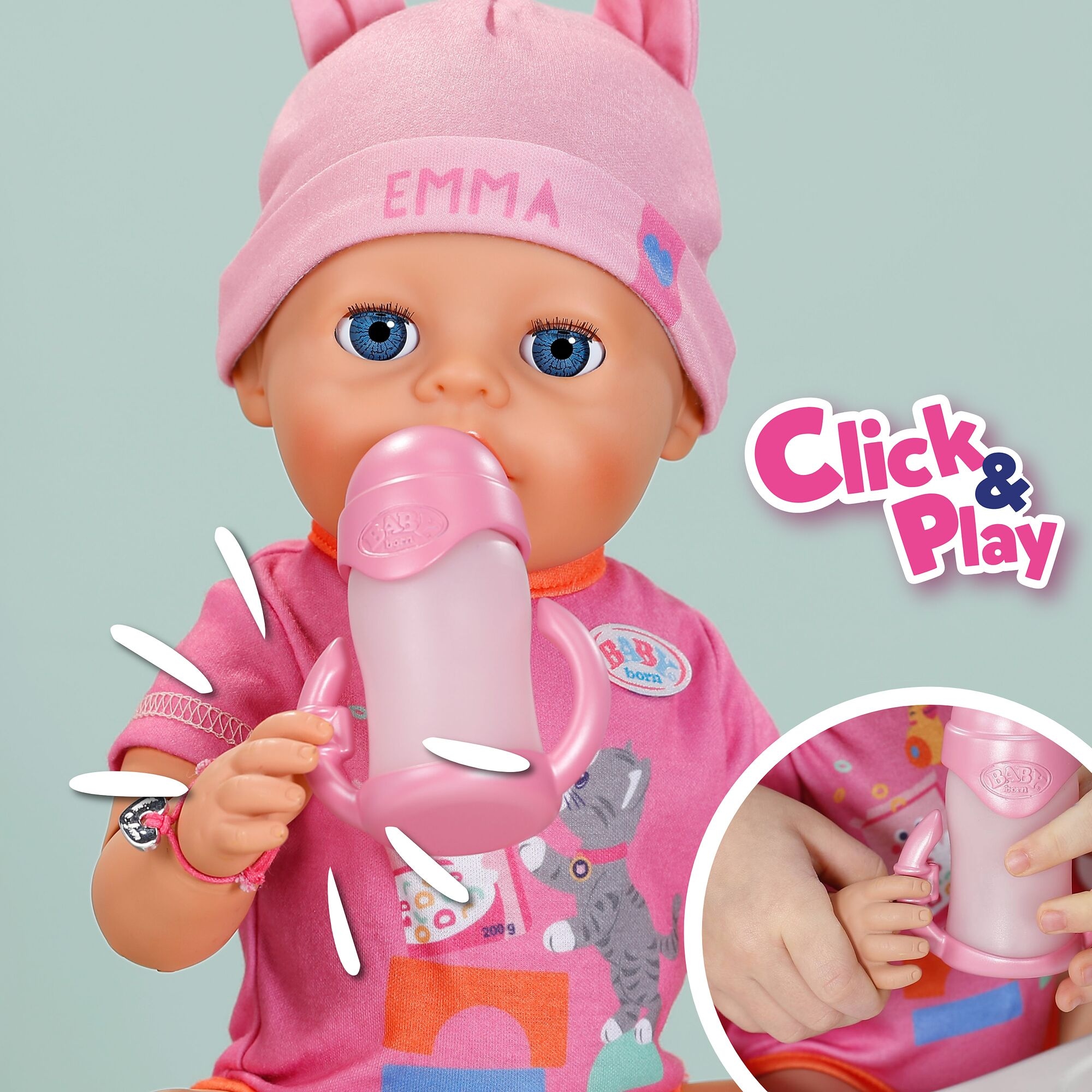 Baby Born Babypuppe »Emma Click & Play 43cm« mit Click-&-Play: Hält Fläschchen und Löffel selbst - ohne Batterien