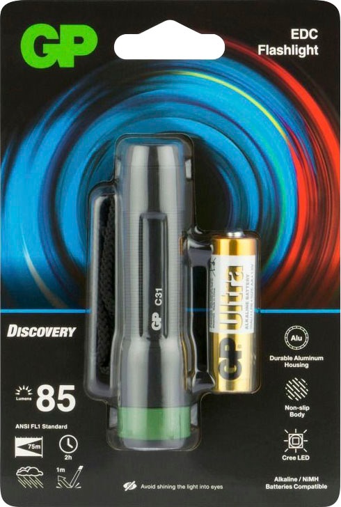 GP Batteries Taschenlampe »GP Discovery C31, CRE LED GP«, 85 Lumen, inkl. 1x AA Batterie, Metallgehäuse, IPX4, Leuchtzeit 2h