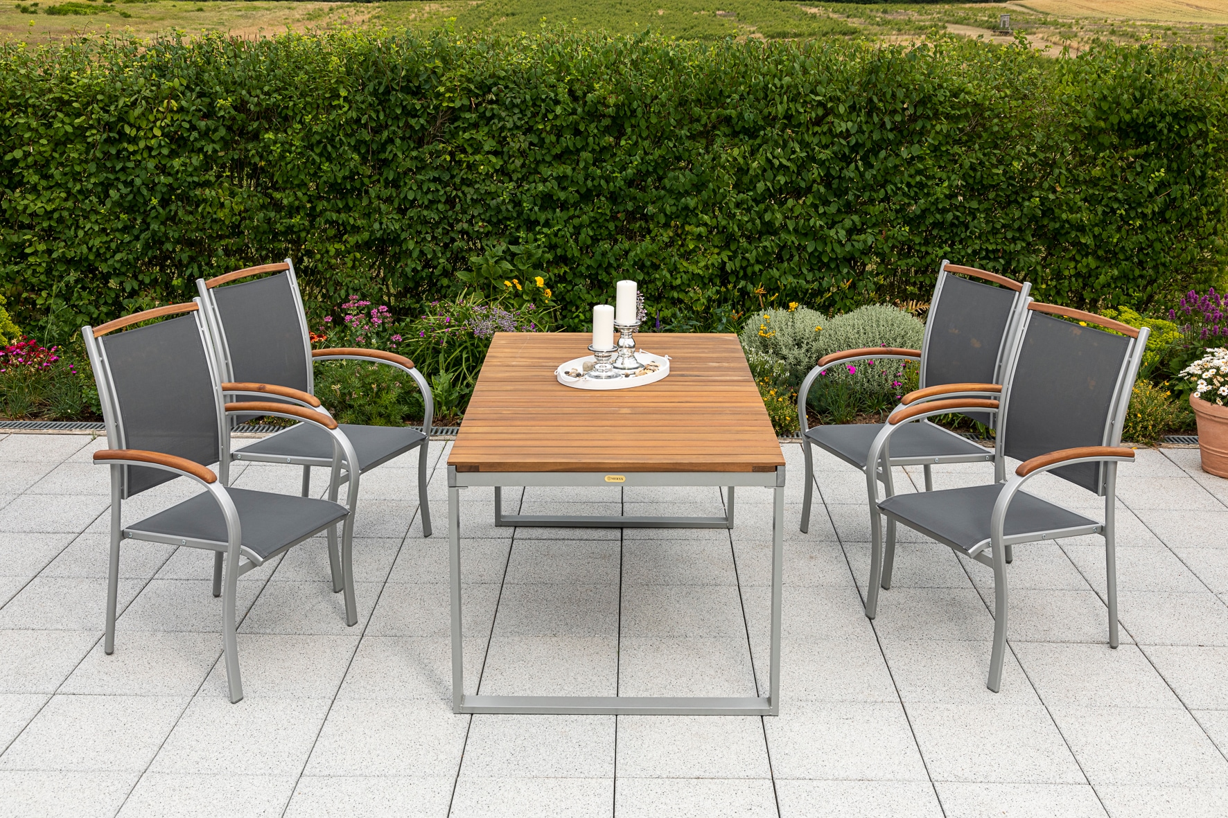 MERXX Garten-Essgruppe »»Siena««, (Set, 5 tlg., Pulverbeschichtetes Aluminiumgestell, Tischplatte aus Akazienholz), Ausziehtisch: LxB: 150-200 x 90 cm