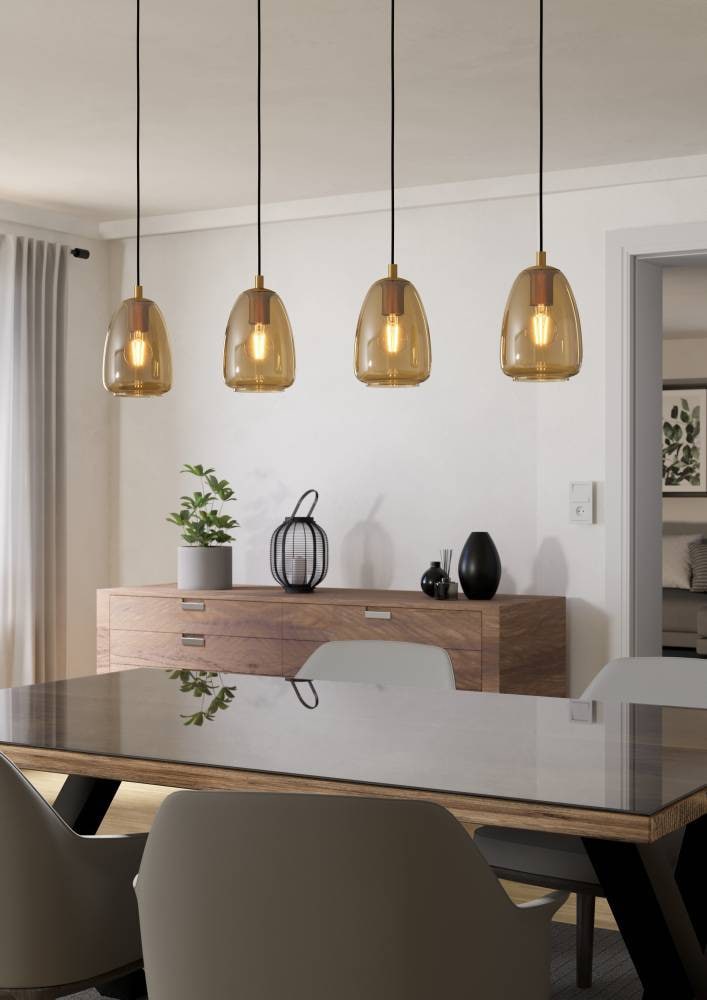 EGLO Hängeleuchte »ALOBRASE Pendellampe, Stahl und Glas, Esstischlampe, E27, IP20, Lampe«, 4 flammig, Leuchtmittel E27 | ohne Leuchtmittel, Elegante Hängelampe für Esszimmer, Küche oder Wohnzimmer