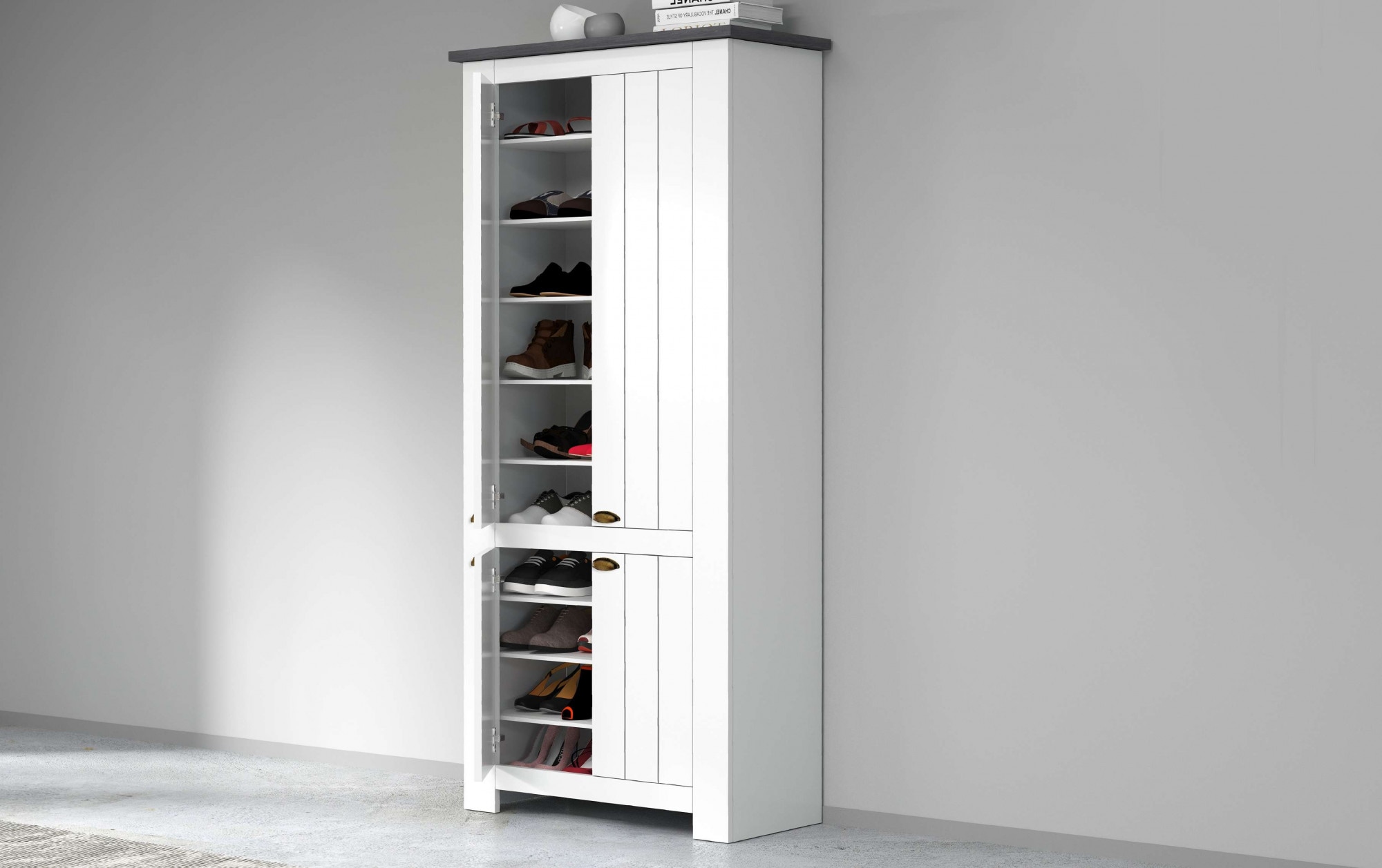 INOSIGN Schuhschrank »FIGO, Made in Italy – Schuhkommode,Schuhregal für ca. 40 Paar Schuhe«, (1 St.), 4-Türig, Siebdruck-dekorative Fräsungen, 10 Fächer, Höhe 200 cm