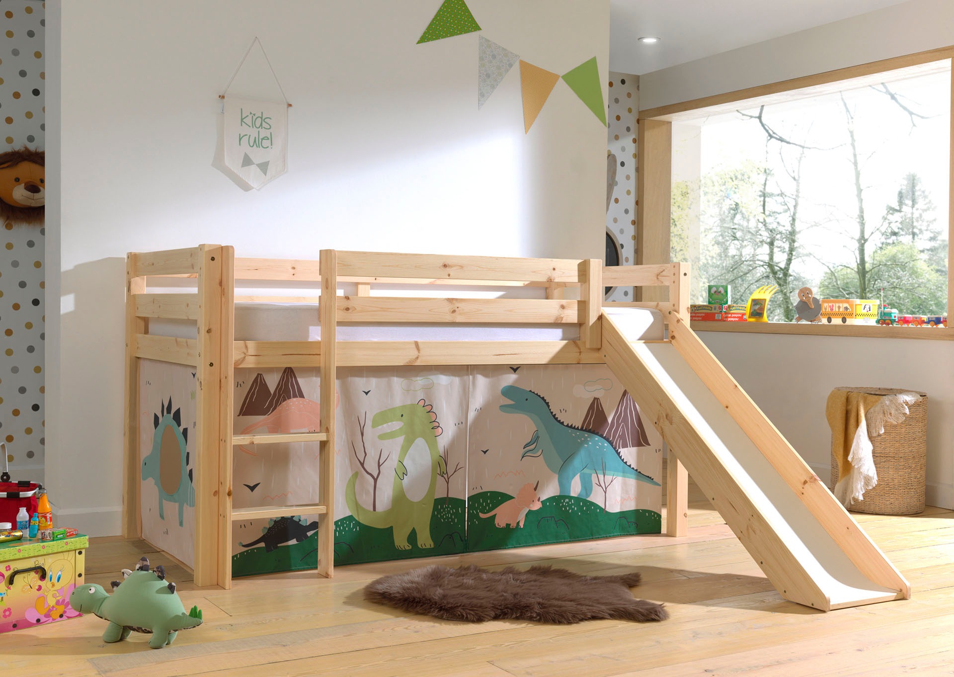 Vipack Spielbett »Pino, Kiefer massiv, mit Rolllattenrost u. Textil-Set, Made in Europe«, (B/H/T ca. 210x114x218cm, mit Absturzschutz, Leiter und Rutsche), verschiedene Textil-Designs und Holzfarben zur Wahl