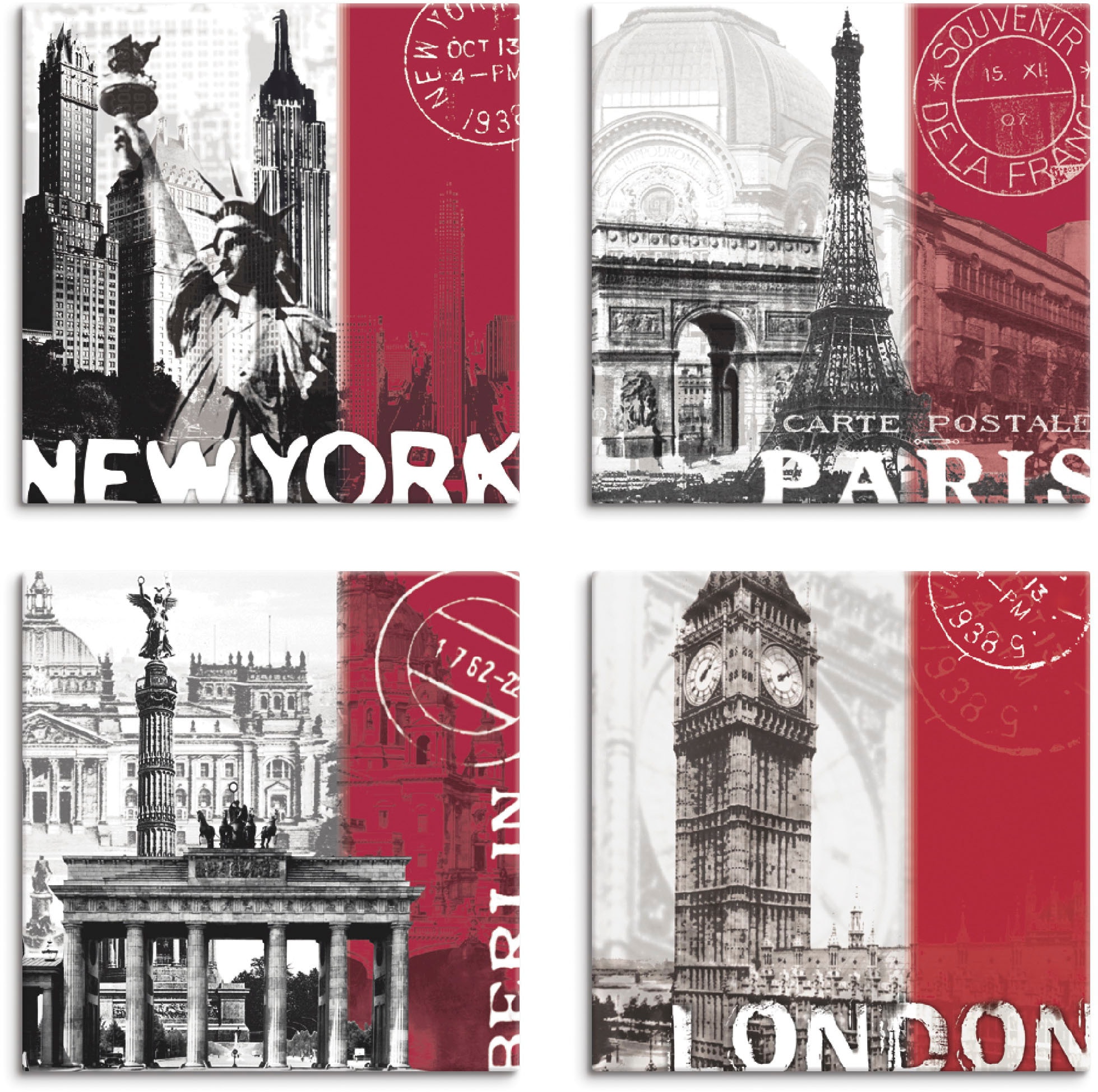 Artland Leinwandbild »New York (4 St.), Berlin Set, London_bordeauxrot«, Paris bestellen Rechnung Gebäude, auf 4er verschiedene Größen