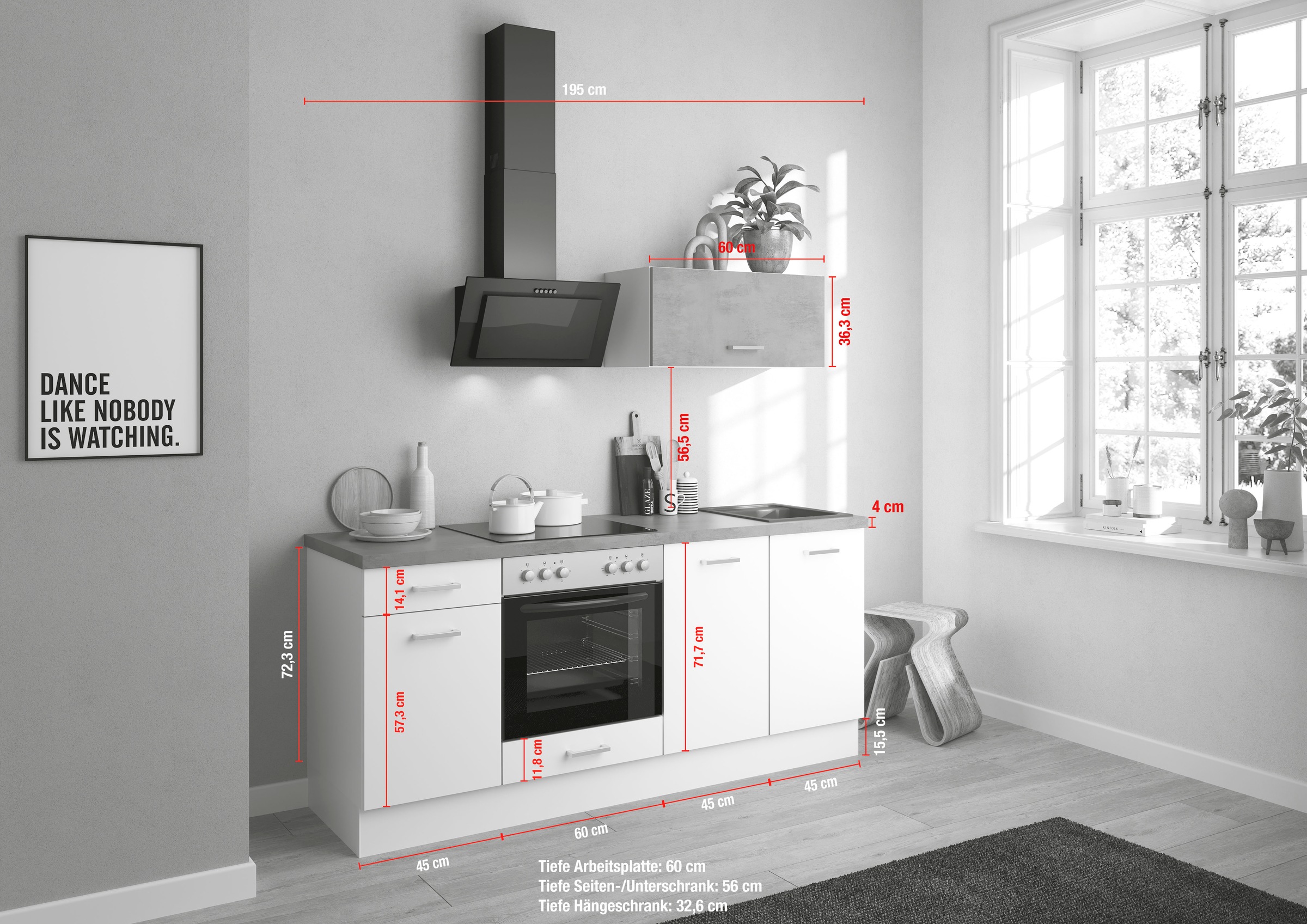 IMPULS KÜCHEN Küchenzeile »"Lissabon", Ausrichtung wählbar, Schubkästen mit Soft-Close,«, (Set), vormontiert, wahlweise mit E-Geräten, mit Vollauszug, Breite 195 cm