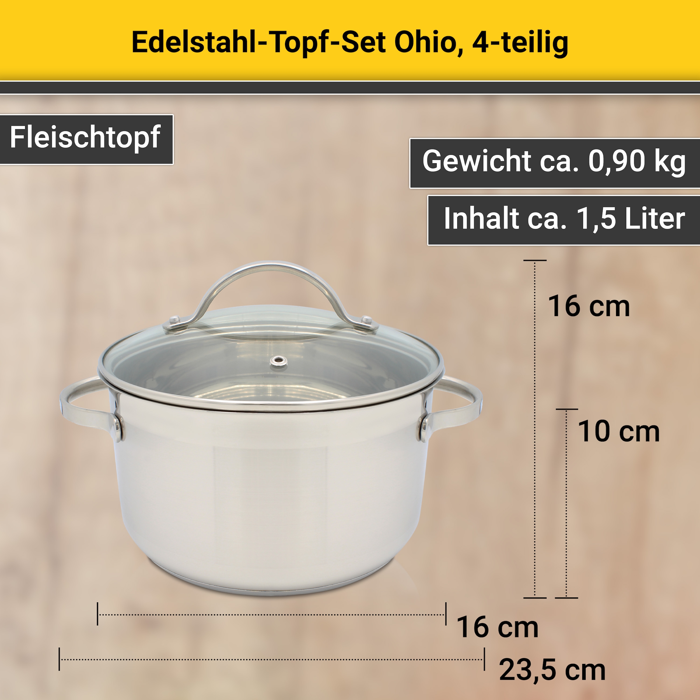 Krüger Topf-Set »Ohio«, Edelstahl, (Set, 7 tlg., Bratentopf Ø 20 cm, Fleischtopf Ø 16/20 cm, Stielkasserolle Ø 16 cm), für Induktions-Kochfelder geeignet