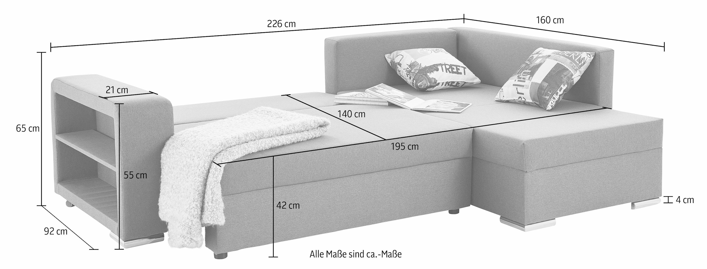 Raten rechts oder montierbar, Bettfunktion, auf Federkern, mit und links kaufen Ottomane stellbar Raum Regalarmteil, Ecksofa, AB COLLECTION frei im mit Bettkasten wahlweise