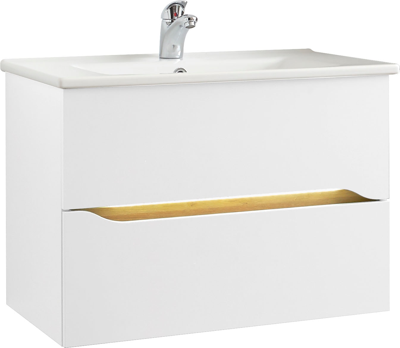 Saphir Badmöbel-Set »Quickset 4-teilig, Keramik-Waschtisch und LED-Spiegelschrank«, (6 St.), Midischrank, Unterschrank, inkl. Türdämpfer, 6 Türen, 2 Schubladen
