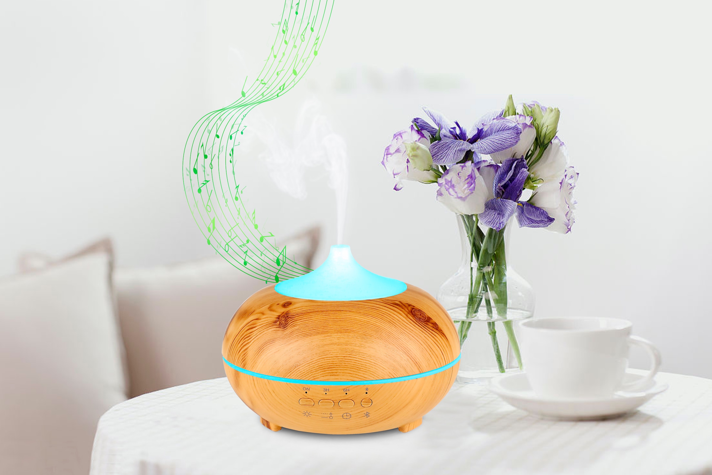 Hyrican Luftbefeuchter »PST00183 Aroma-Bluetooth Luftbefeuchter inkl. Duftölset, 7 LED-Farben«, 0,3 l Wassertank, Diffuser/Diffusor 300 ml, Holzoptik, integrierter Lautsprecher
