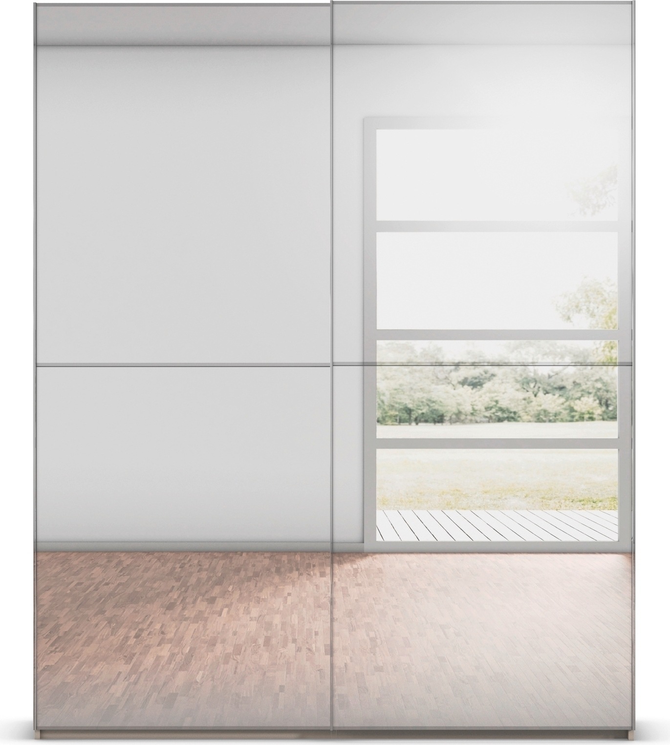 rauch Schwebetürenschrank »Kleiderschrank Schrank Garderobe Schlafzimmerschrank SCALE-DUO« edle zweigeteilte Türen Spiegelfront und 3 Zierleisten MADE IN GERMANY