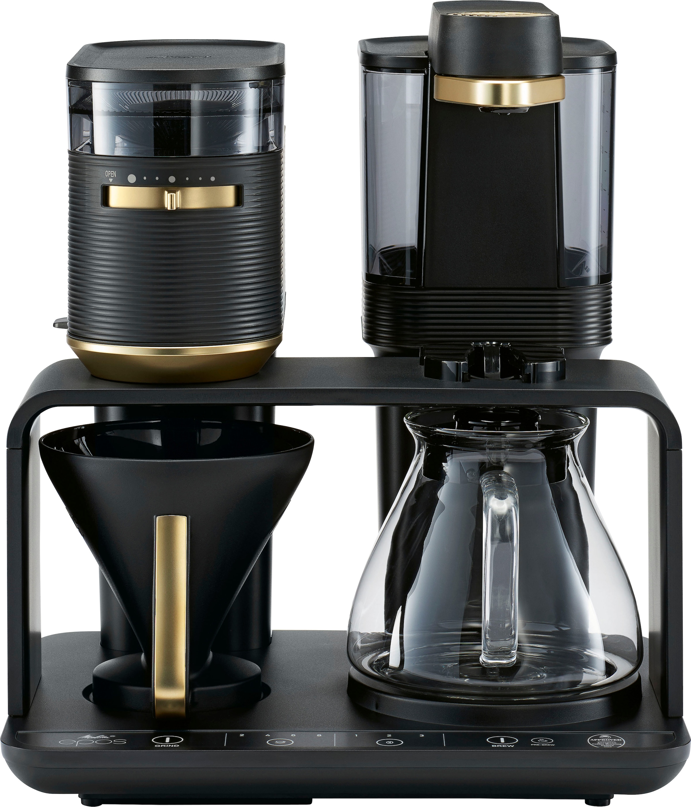 Melitta Kaffeemaschine mit Mahlwerk »EPOS® 1024-04«, 1 l Kaffeekanne,  Papierfilter, 1x4, Schwarz/Gold, 360°rotierender Wasserauslauf mit 3 Jahren  XXL Garantie