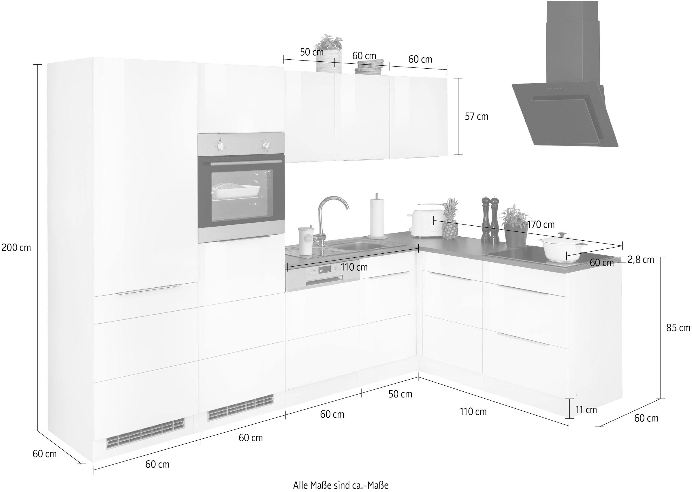 KOCHSTATION Winkelküche »KS-Brindisi Stellbreite 290/170 cm« wahlweise mit E-Geräten und Induktion, mit MDF-Fronten