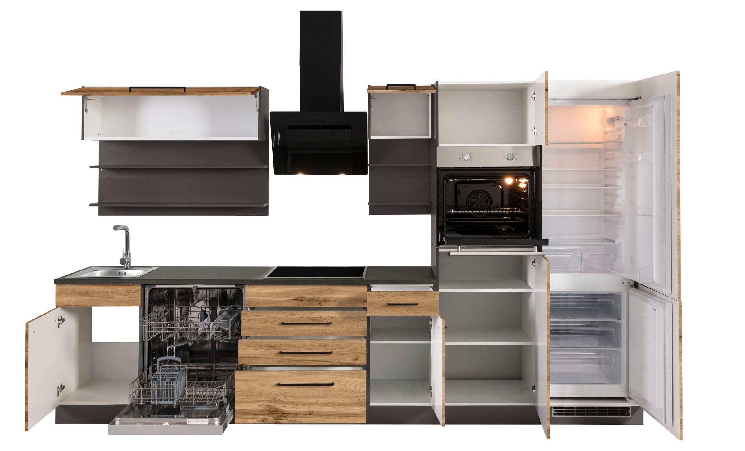 KOCHSTATION Küchenzeile »KS-Tulsa« mit E-Geräten, Breite 330 cm, schwarze Metallgriffe, MDF Fronten