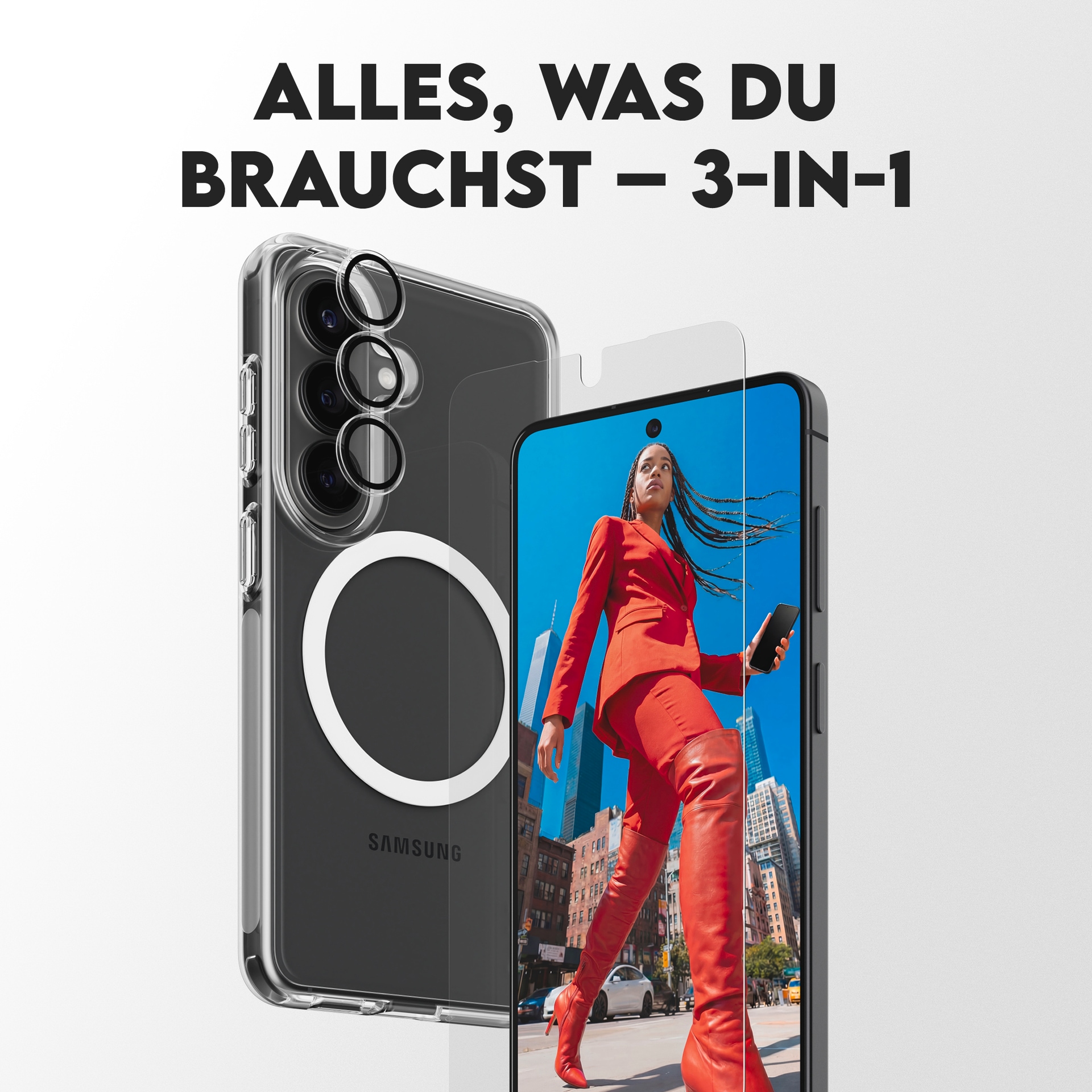 CARE by PanzerGlass Displayschutzglas »3-in-1 Protection Explorer Bundle« für Samsung Galaxy S26 Displayschutzfolie, Schutzfolie, Bildschirmschutz, kratz- & stoßfest