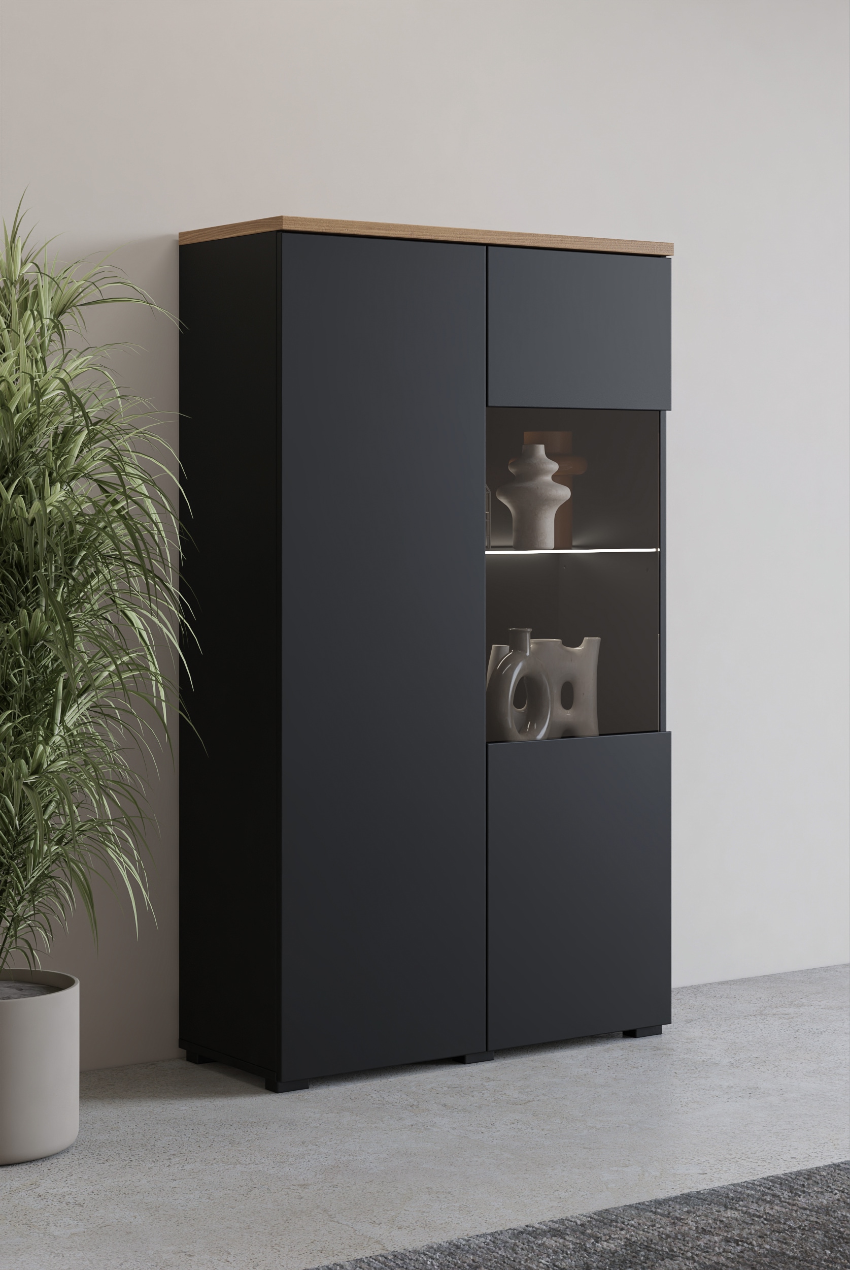 OTTO home, Vitrine »Modo, Breite 80 cm, moderner griffloser Vitrineschrank« Vitrine mit viel Stauraum, Einlegeböden verstellbar, Glastür, weiss-eiche 
