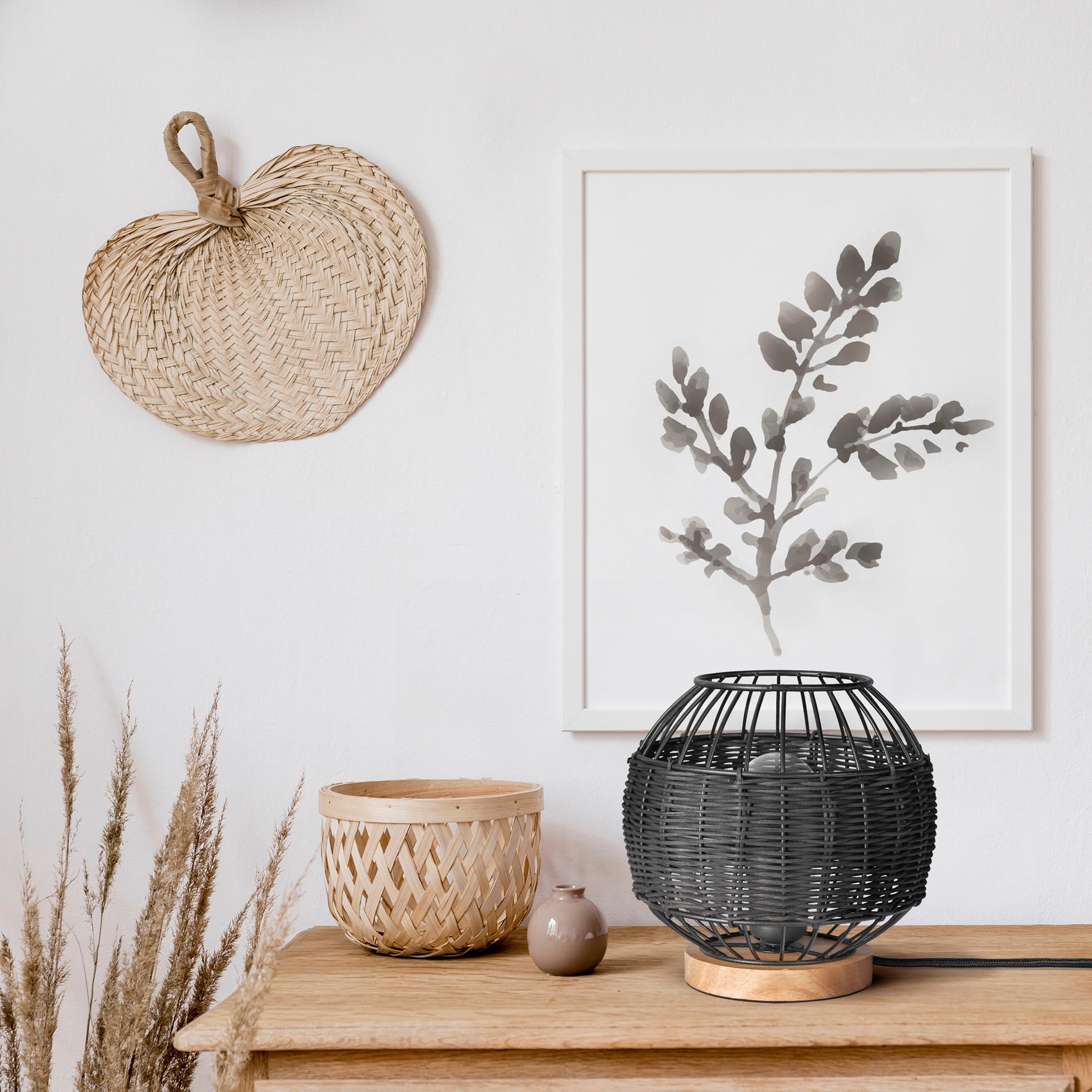 Paco Home Tischleuchte »PUGLO« E27 Rattan Schreib LED Rustikal  Boho Holz E27