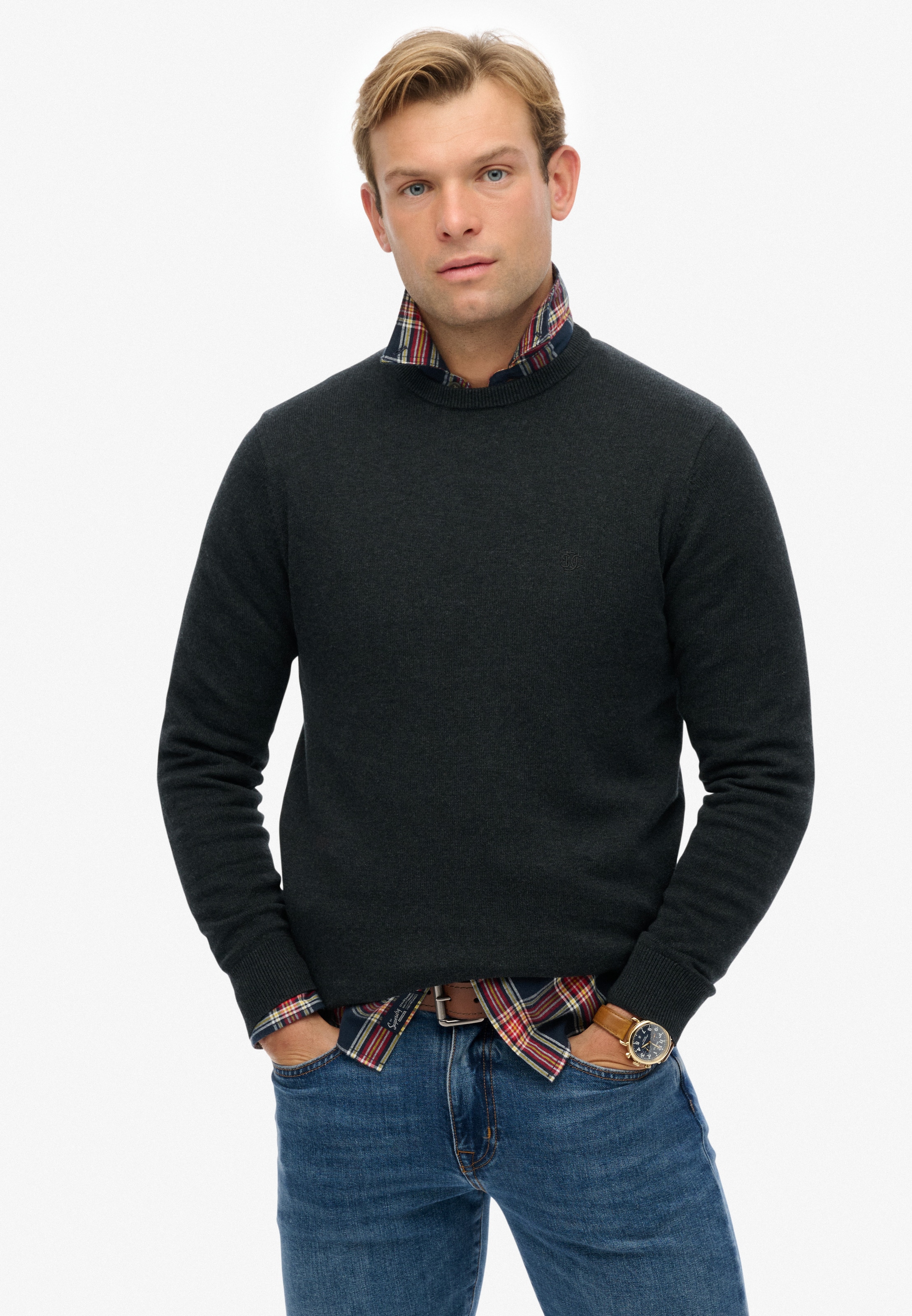 Superdry Strickpullover »ESSENTIALS COTTON JUMPER« aus Baumwolle, Relaxed Fit, mit Rundhalsausschnitt, melierte Optik