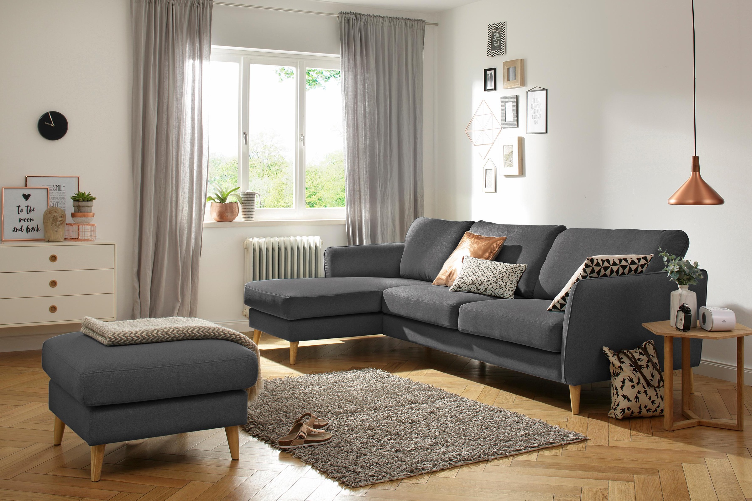Home affaire Polsterhocker »MARSEILLE«, Massivholzbeine Eiche, Landhausstil, Wellenunterfederung