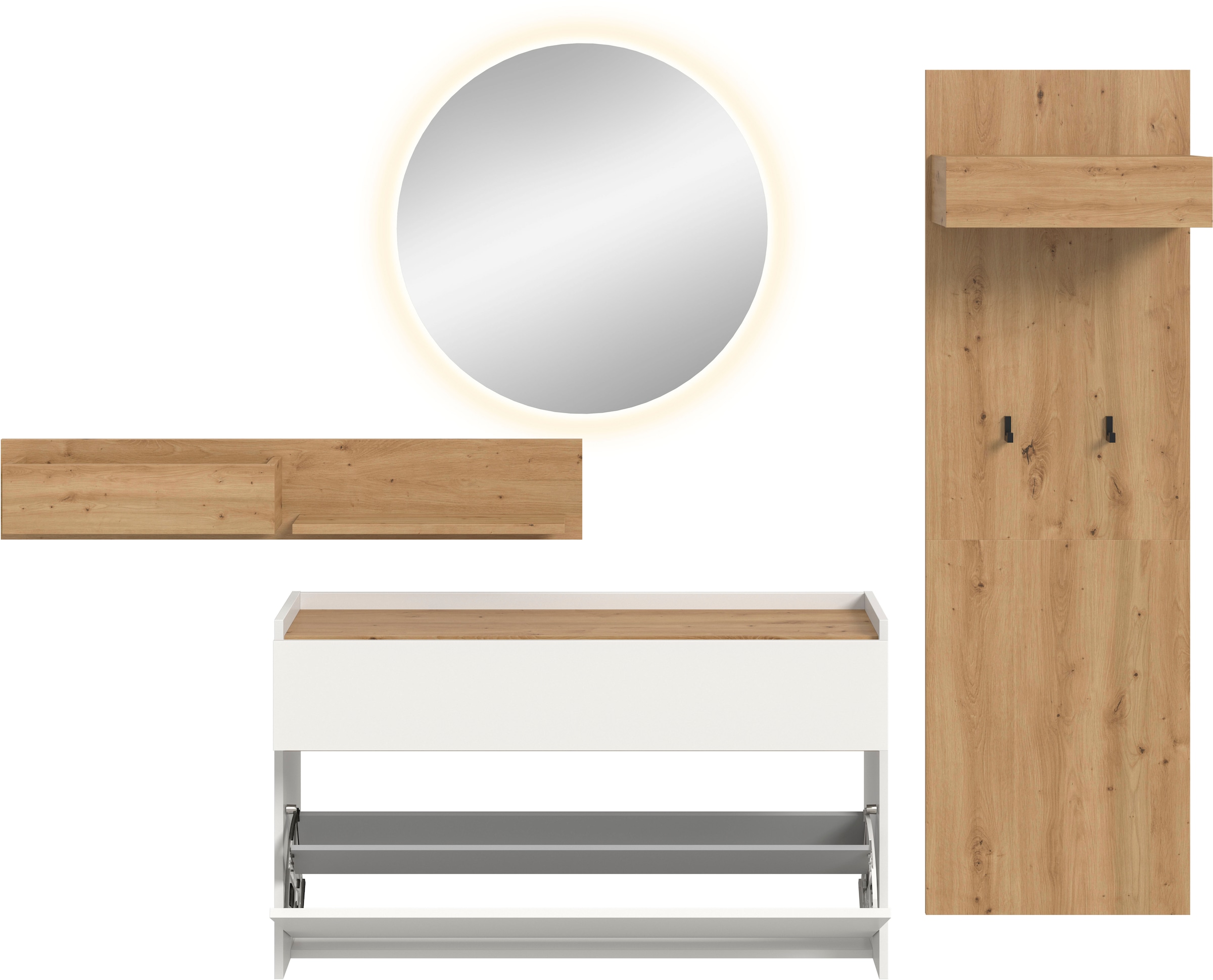 INOSIGN Garderoben-Set »EVRID, 4-teilig, Breite 205 cm, inkl. Beleuchtung« best. aus: Wandboard, Kommode, Spiegel, Garderobenpaneel, 4 Stk. tlg.