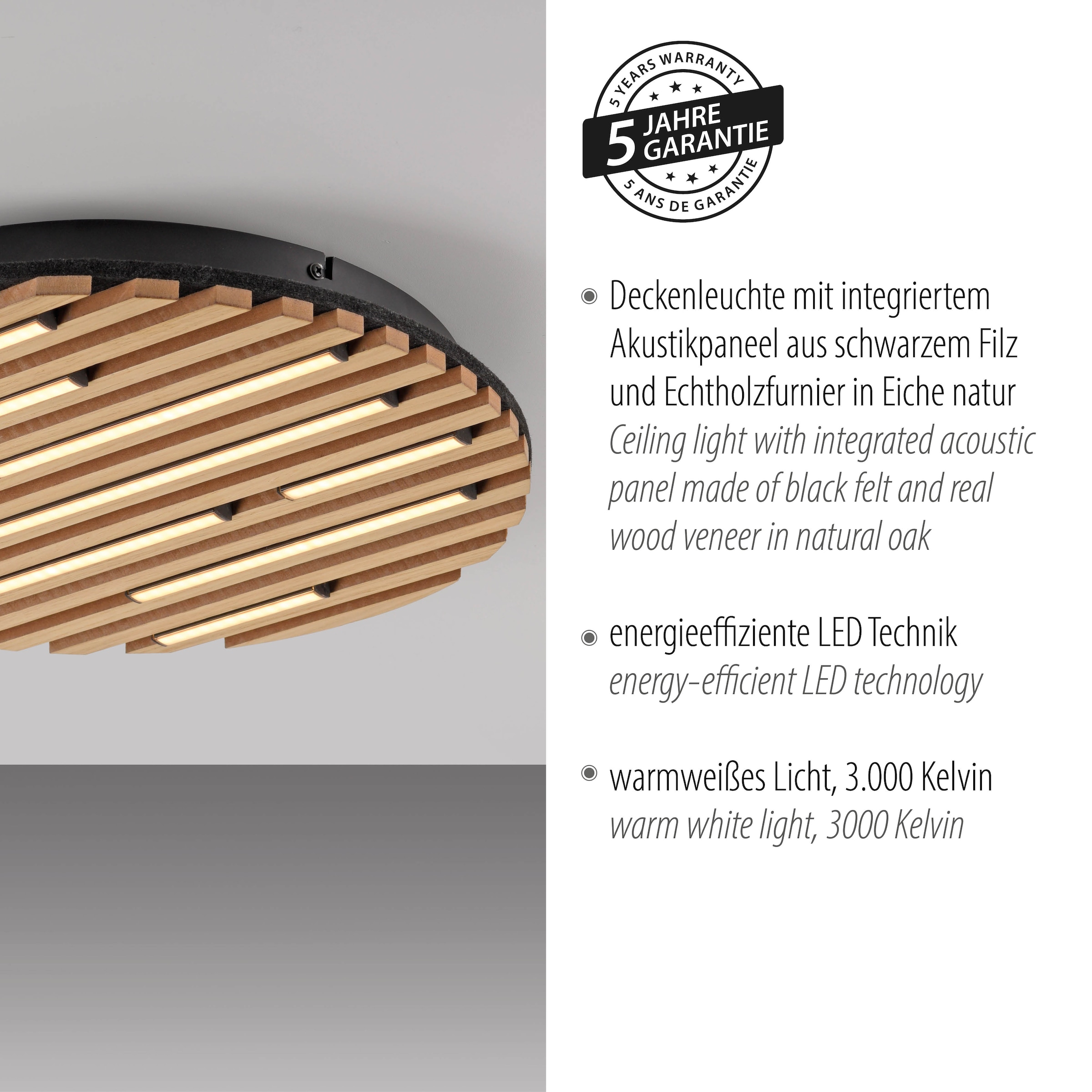 my home Deckenleuchte »Unnestad Akustikpaneele«, 1 flammig, Leuchtmittel LED-Board | LED fest integriert, schwarze LED Diffuser, Holz, Akustik, Paneele, 3000K - Ø 40 cm