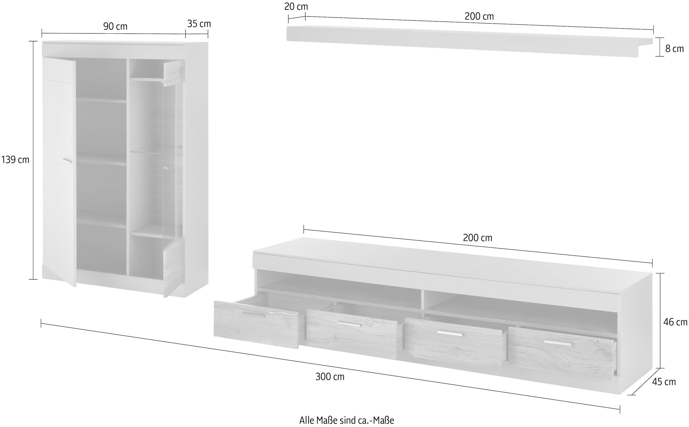 INOSIGN Wohnwand »SCARA«, (3 St.), trendige Farbe mit Applikation Zinneiche Dekor, mit Softclose-Funktion