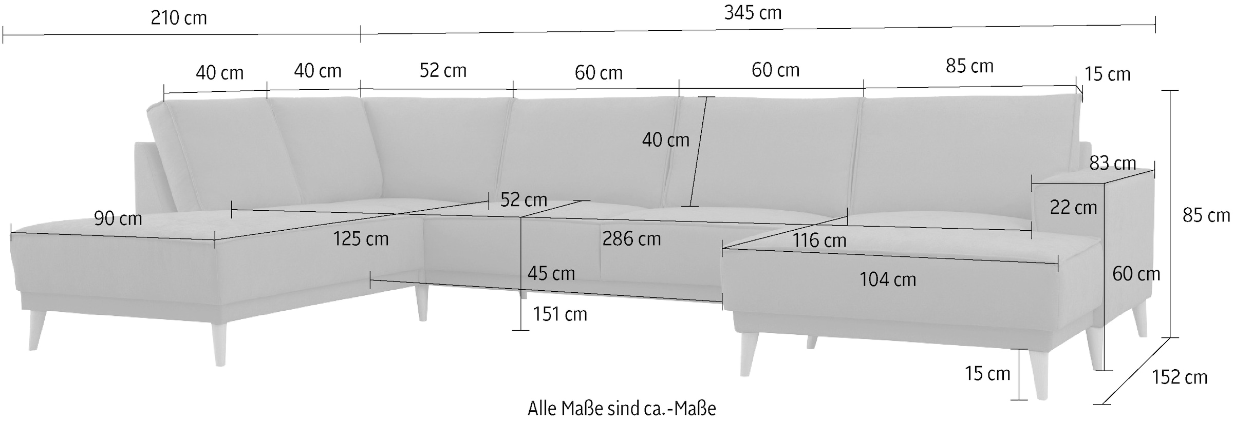 OTTO home Wohnlandschaft »Oland Skandi, weicher Chenille-Stoff« U-Form, 345 cm, Wellenunterfederung, Skandi-Design, Massivholzfüße