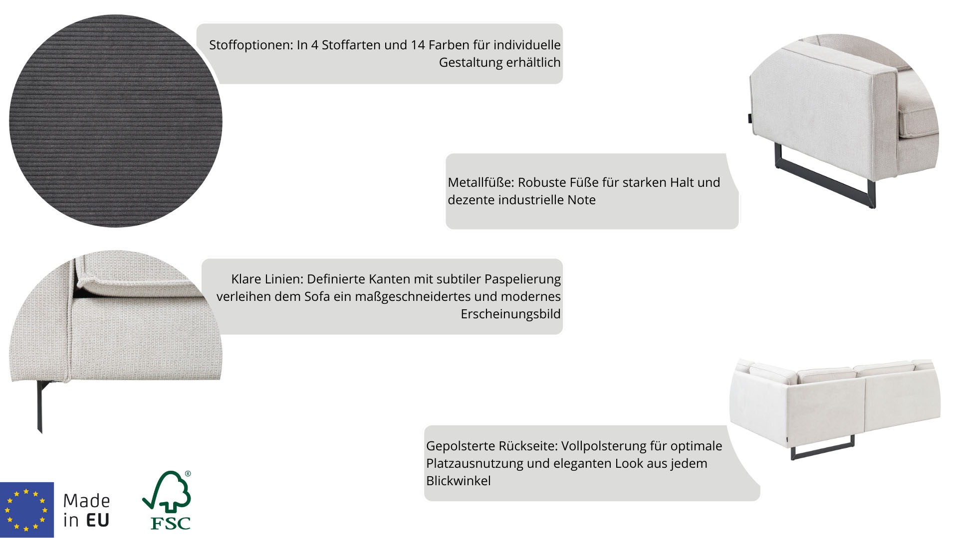 Home affaire 2-Sitzer »Pinto, 166 cm, Cord, Chenille, Lederoptik« mit Keder, schwarze Metallfüße, Wellenunterfederung