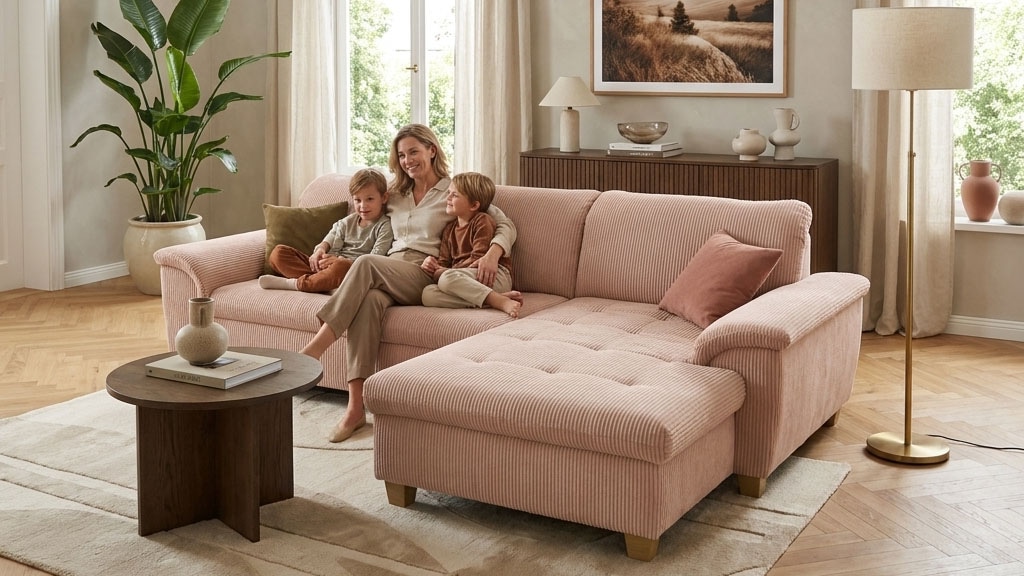 OTTO home Ecksofa »Egedal 279 x 162 cm, auch mit Schlaffunktion & Bettkasten, Holzfüße« L-Form, aus haustierfreundlichem Pet Friendly Cord