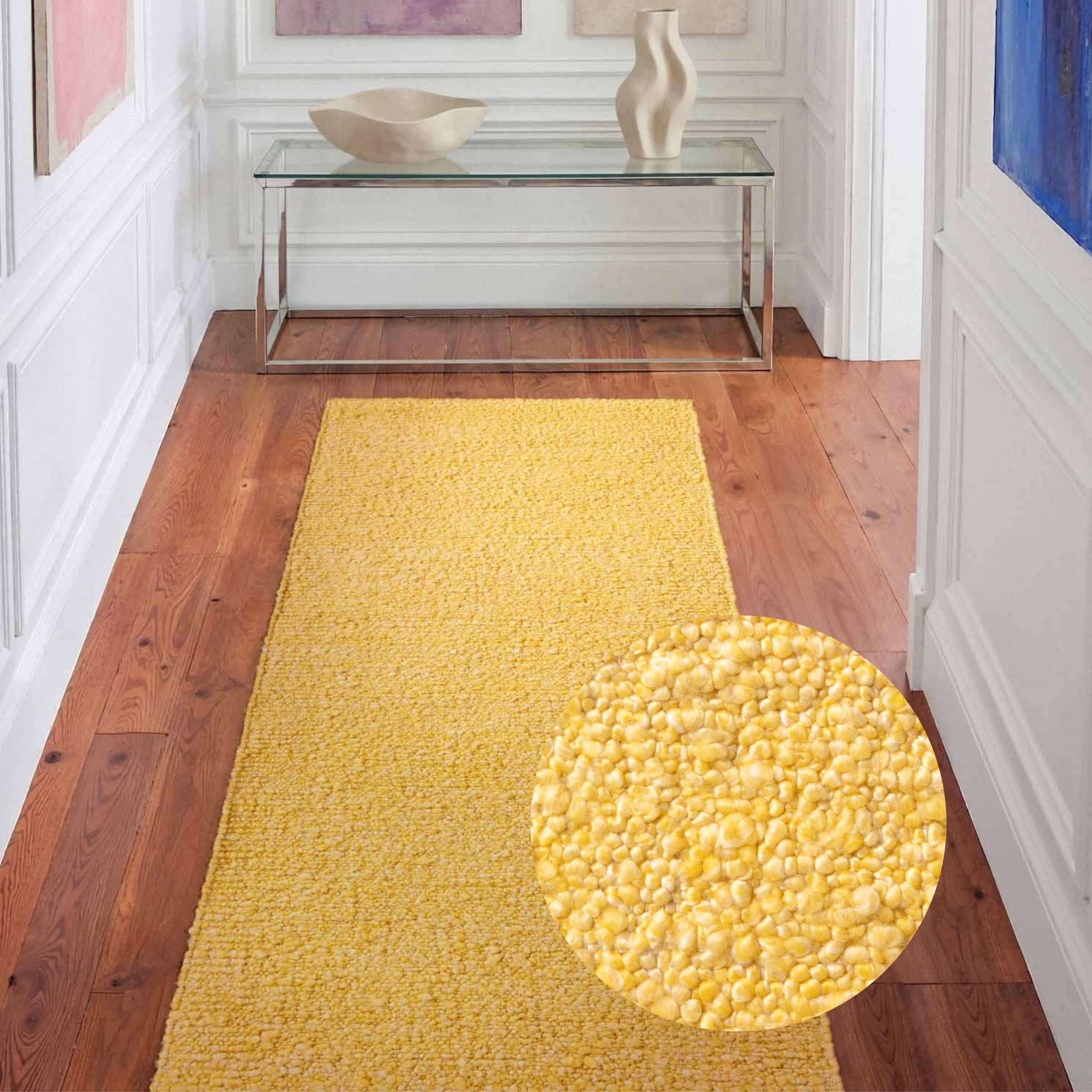 THE RUGS Portobello Soft Polyester Rug & Runner Living Room in Yellow | Size: 80cm x 300cm
