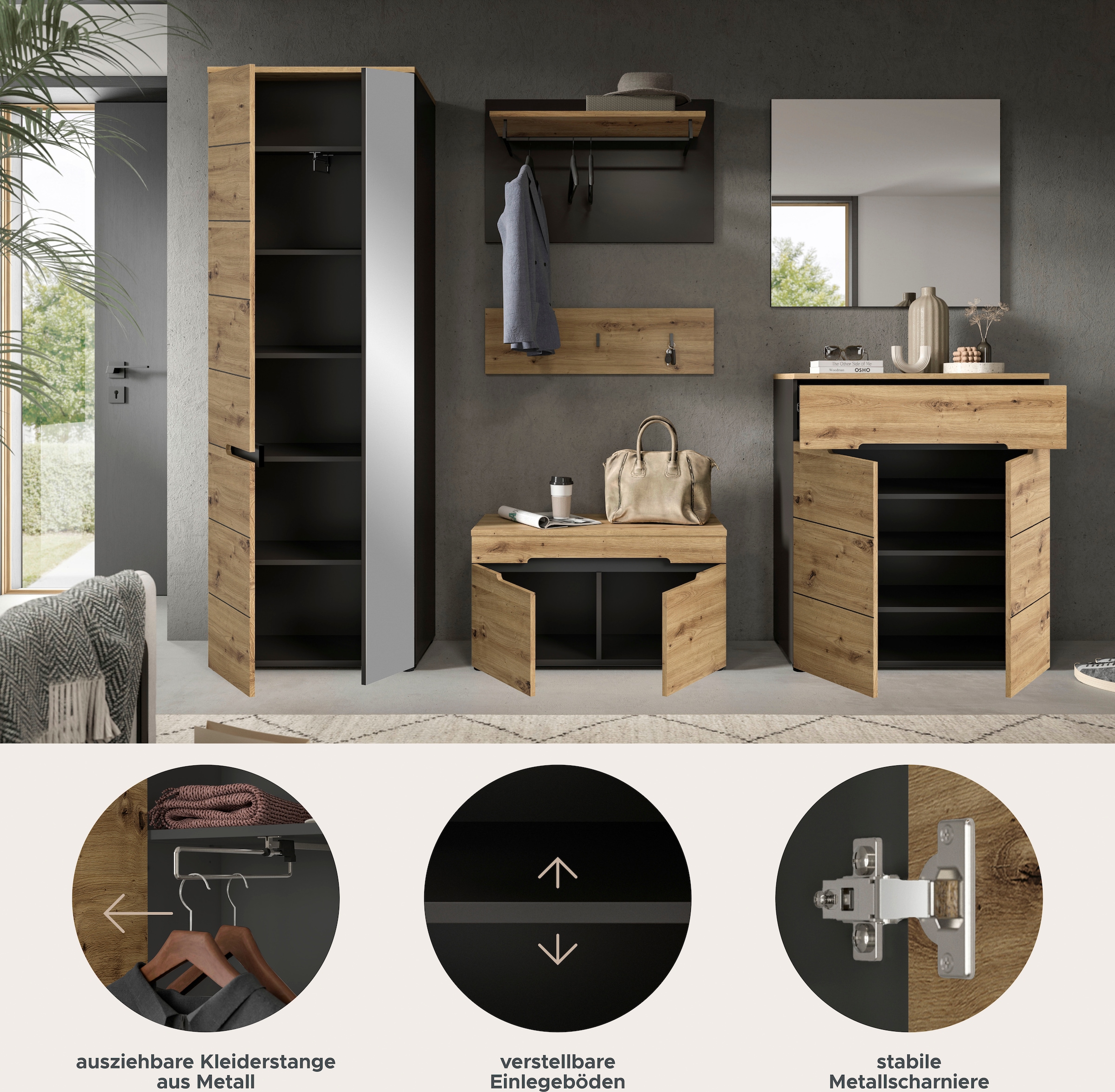 INOSIGN Garderoben-Set »REHAT, TOPSELLER!, 6-teilig, Breite 255cm, individuell stellbar«, (6 St.), Garderobenkombination, Kombination, Diele, Garderobe, Garderobenmöbel
