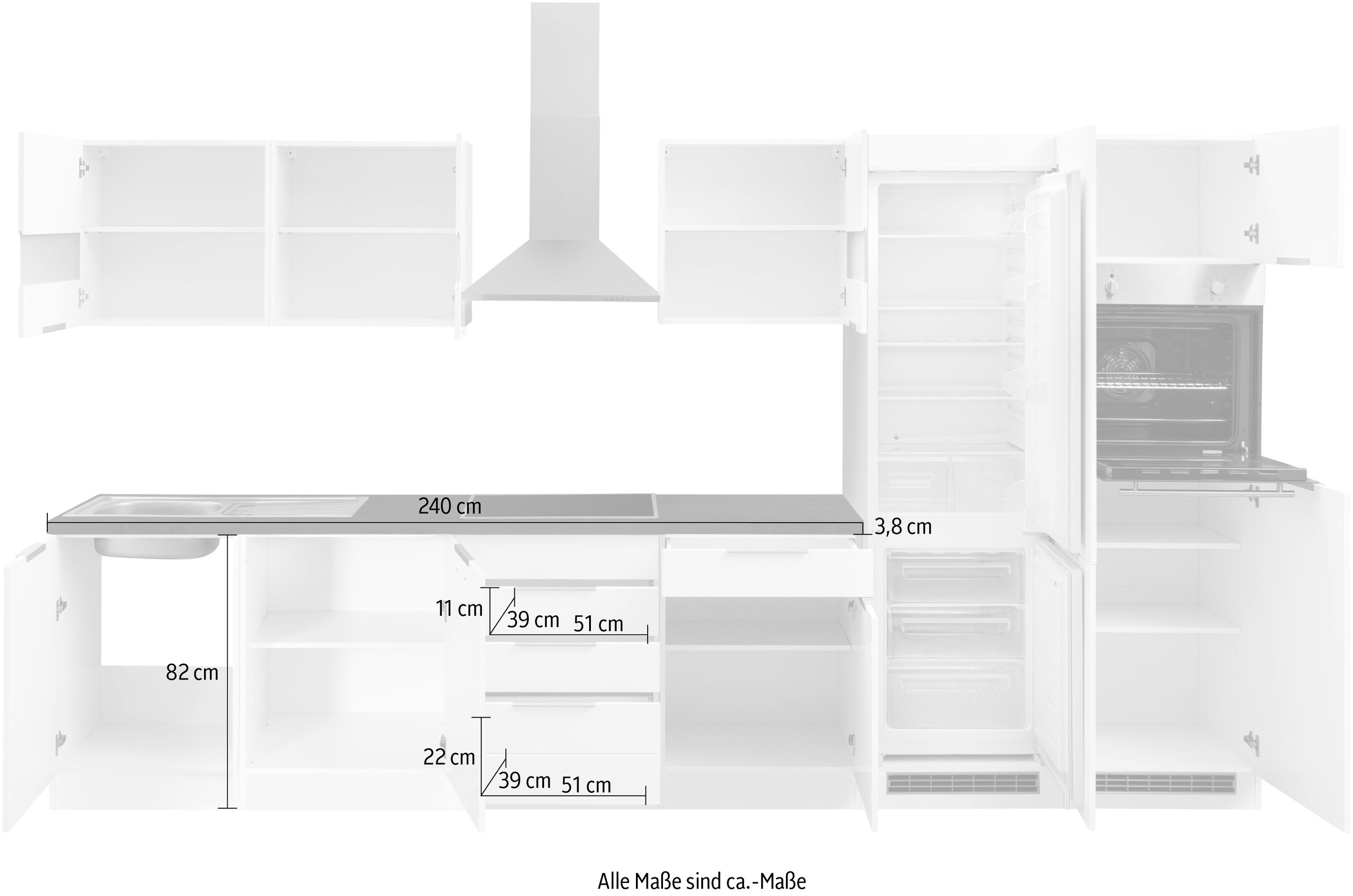 KOCHSTATION Küchenzeile »KS-Luhe« 360 cm breit, wahlweise mit oder ohne E-Geräten, gefräste MDF-Fronten