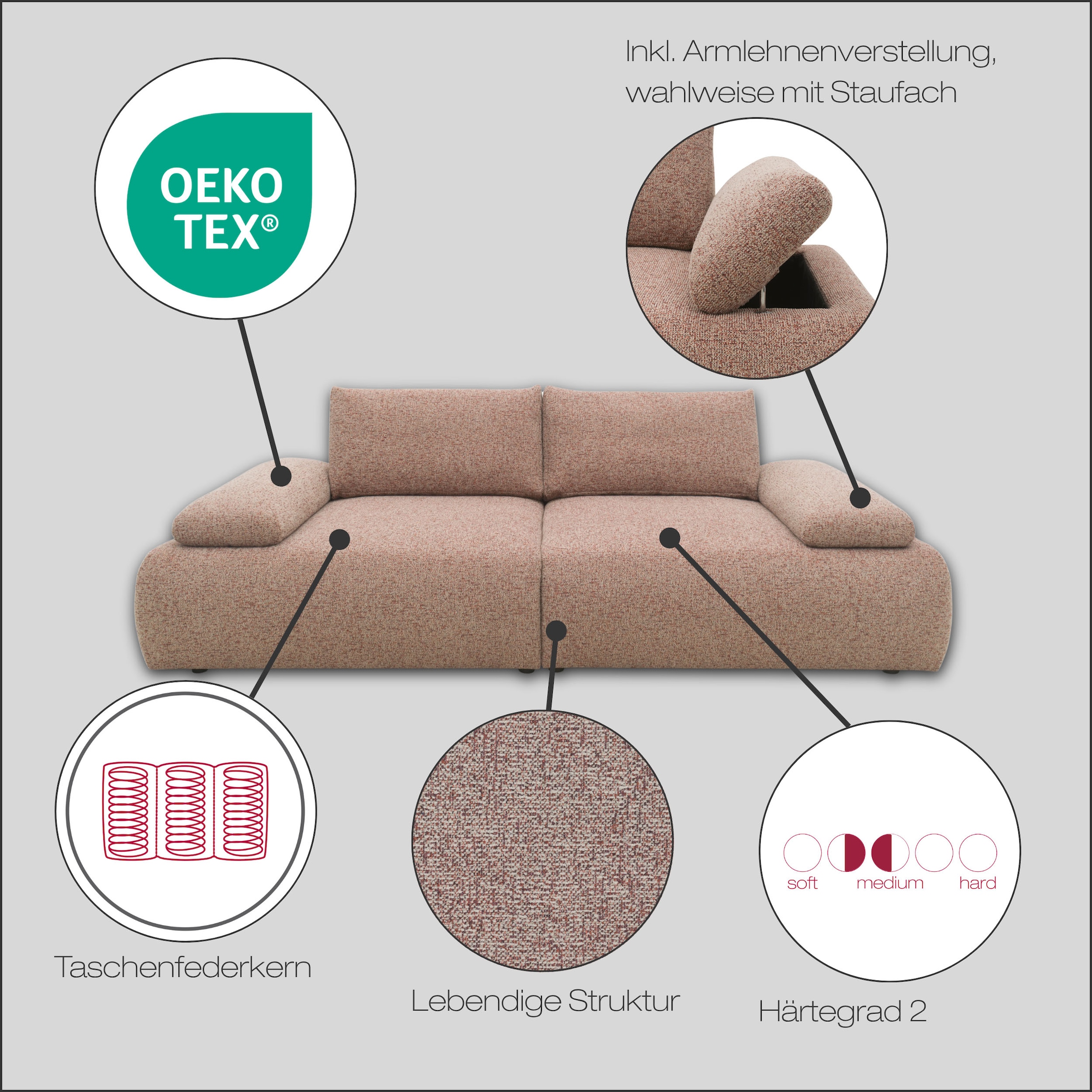 DOMO collection Big-Sofa »Évora Megasofa Breite 244 cm« Federkern, inkl. Armlehnenverstellung, Struktur grob, rust