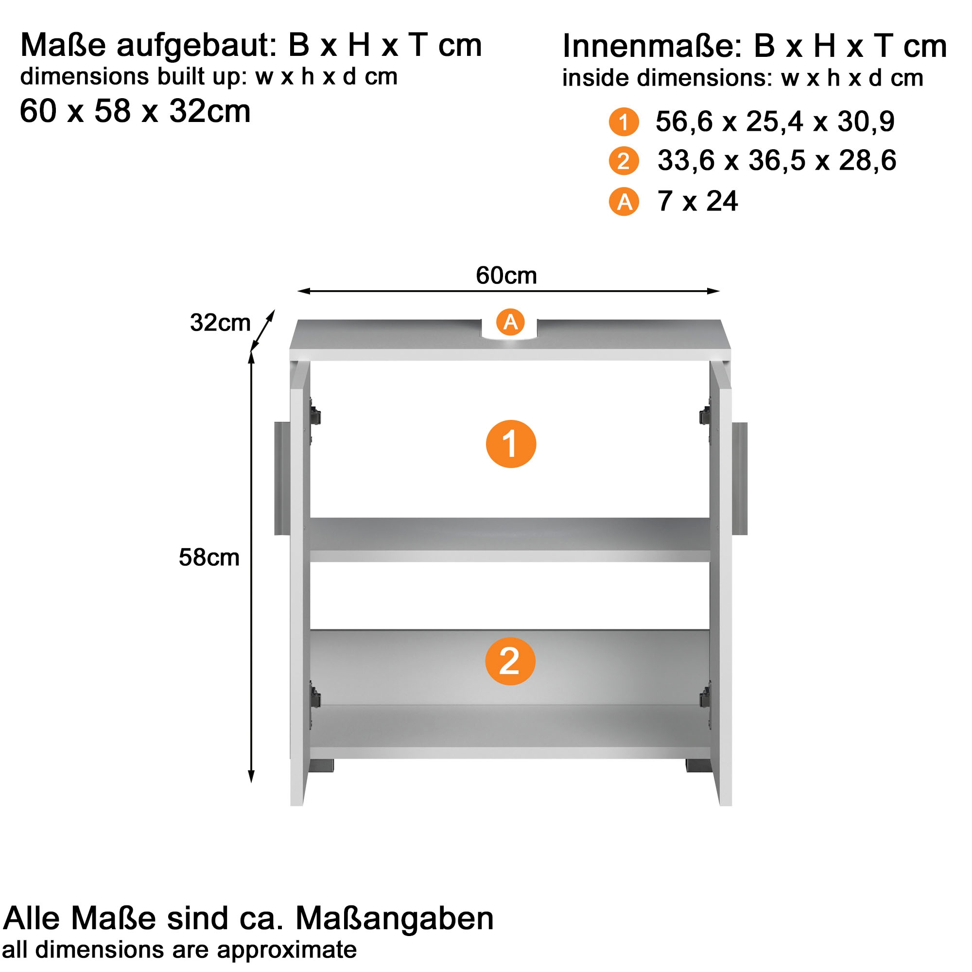 welltime Waschbeckenunterschrank »Prag«, (1 St.), Waschtisch in Weiß Hochglanz - 60/34/58 cm - Siphonausschnitt 7/24 cm