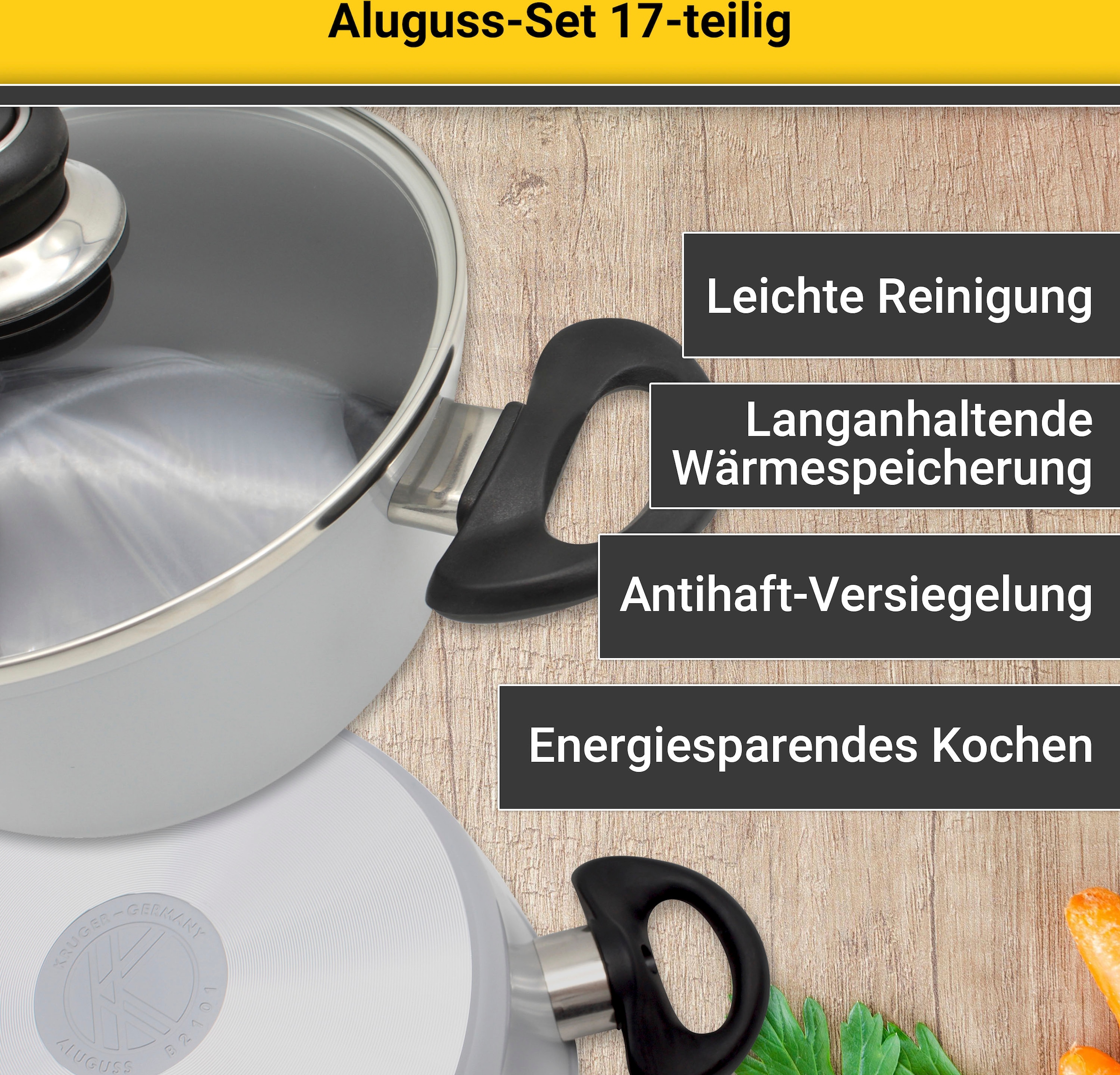 Krüger Topf-Set »Aluguss Topf- und Pfannenset inkl. praktischen Küchenhelfern, 17 tlg.«, Aluminiumguss, (Set, 17 tlg., Fleischtopf 16/18/20/24cm, Stieltopf 16cm Steakpfanne 7 T.Küchenhelfer), inkl. 7-tlg. Küchenhelfer-Set