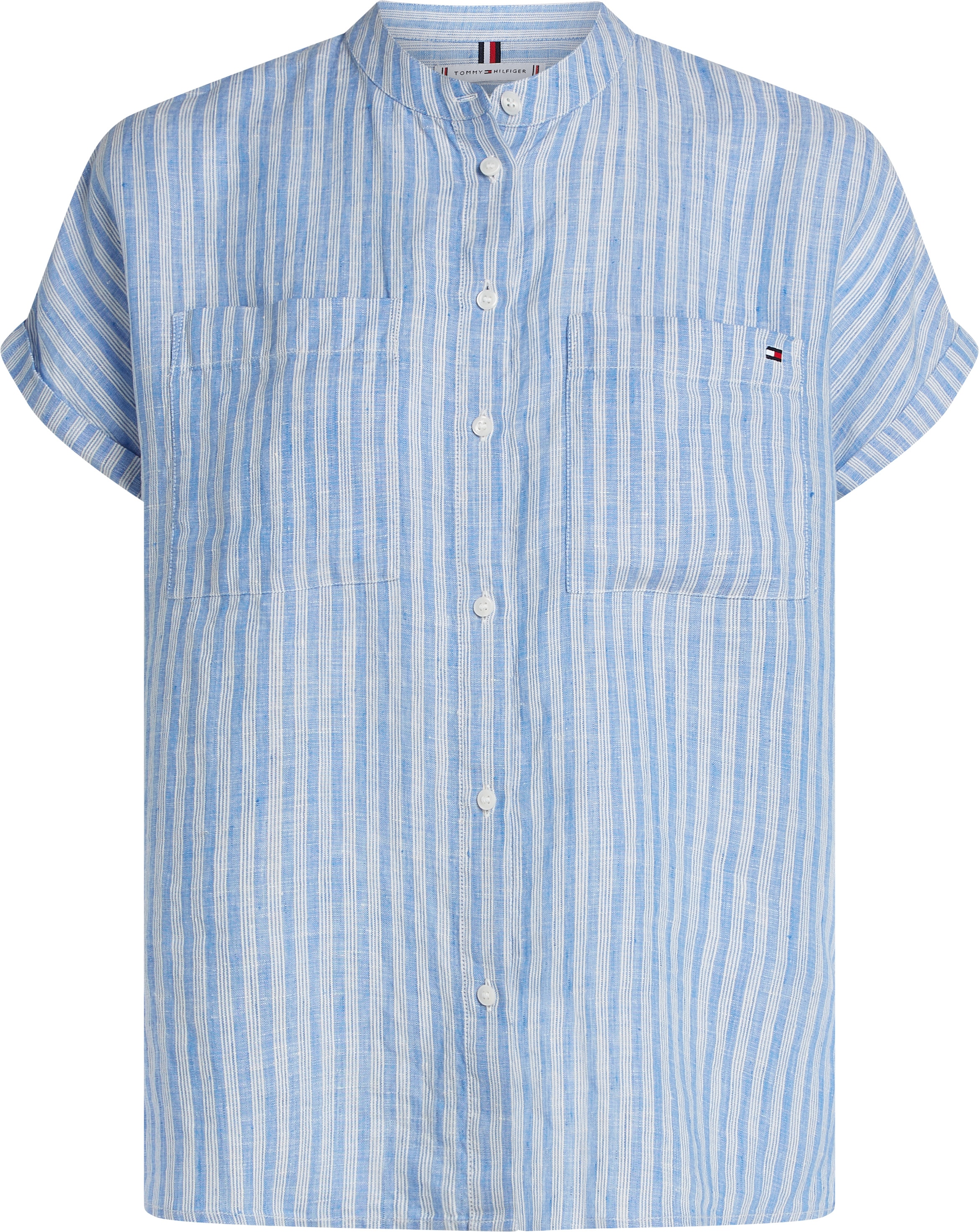 Tommy Hilfiger Kurzarmbluse »ESS LINEN COLLARLESS S/S BLOUSE«, mit Logostickerei,kühlendes Premium Leinen