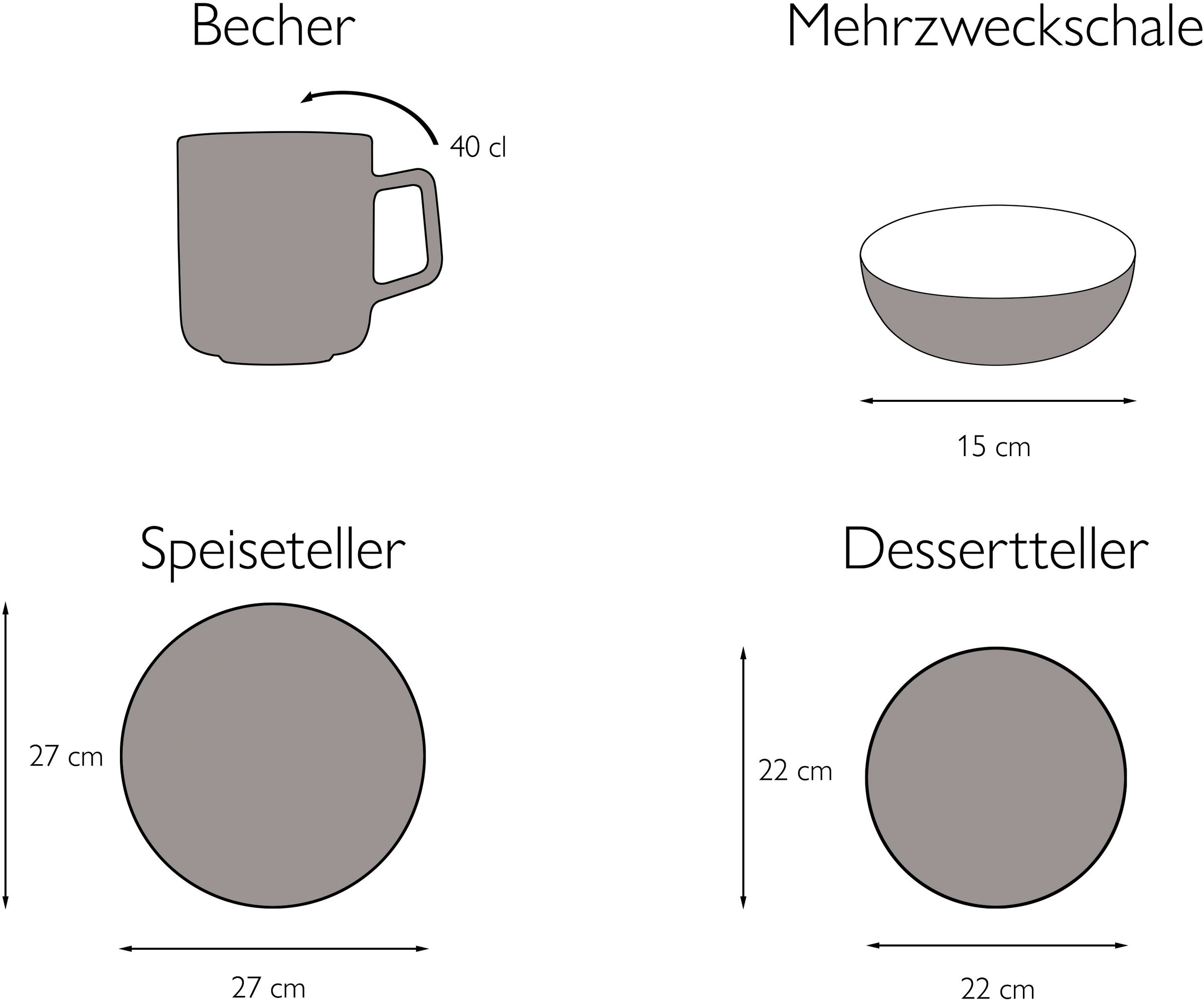 CreaTable Kombiservice »Geschirr-Set Stack«, (Set, 16 tlg., Kaffeeservice und Tafelservice im Set, für 4 Personen), Service, glänzende Oberfläche, 4 Naturfarben, 16 Teile für 4 Personen