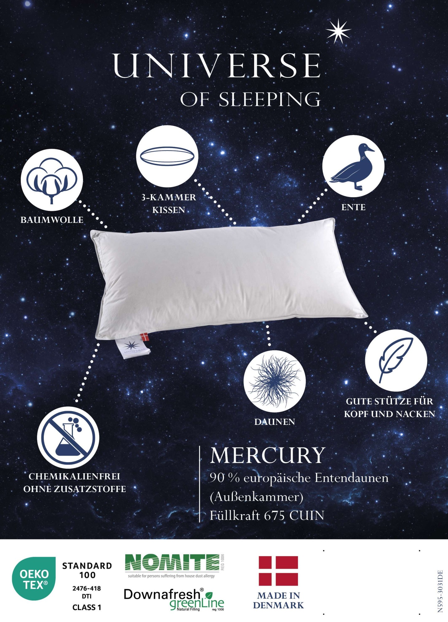 Universe of sleeping 3-Kammer-Kopfkissen »Mercury 3-Kammer Kopfkissen, 90% Daunenfüllung, natürliche Materialien«, Füllung: 90% Entendaunen/10% Federn im AuÎ²enkammer, (1 St.), Hochwertige Kissen, 40x80 cm. in Medium Höhe, Made in Denmark
